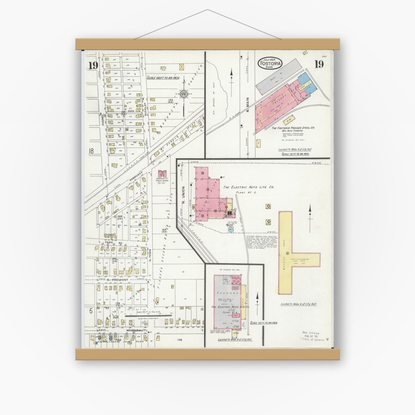 Old map wall art mockup — magnetic wood frame on white wall — Sanborn Fire Insurance Map from Fostoria, Seneca, Hancock, And Wood Counties, Ohio (1924), Sheet #0019