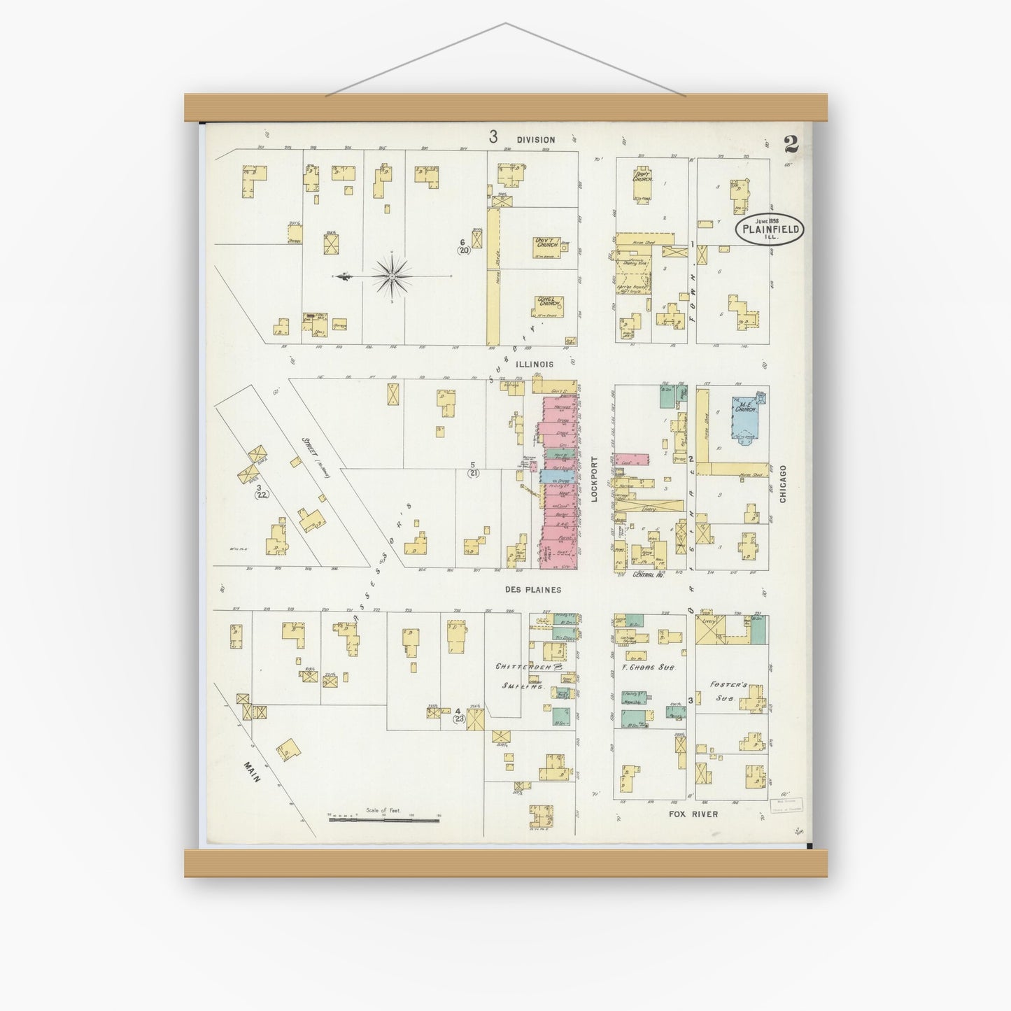 Old map wall art mockup — magnetic wood frame on white wall — Sanborn Fire Insurance Map from Plainfield, Will County, Illinois (1898), Sheet #0002