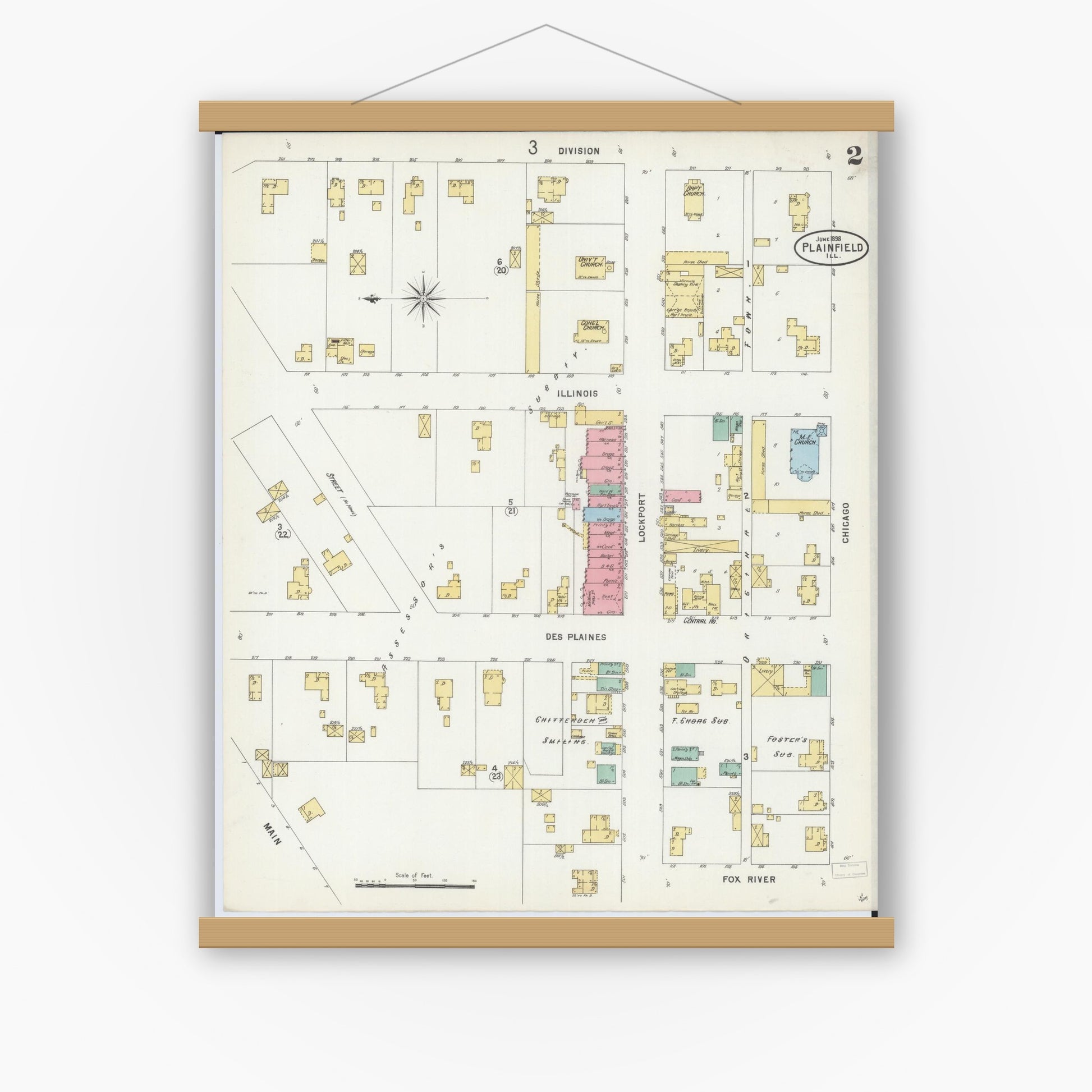 Old map wall art mockup — magnetic wood frame on white wall — Sanborn Fire Insurance Map from Plainfield, Will County, Illinois (1898), Sheet #0002