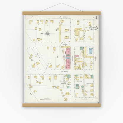 Old map wall art mockup — magnetic wood frame on white wall — Sanborn Fire Insurance Map from Plainfield, Will County, Illinois (1898), Sheet #0002