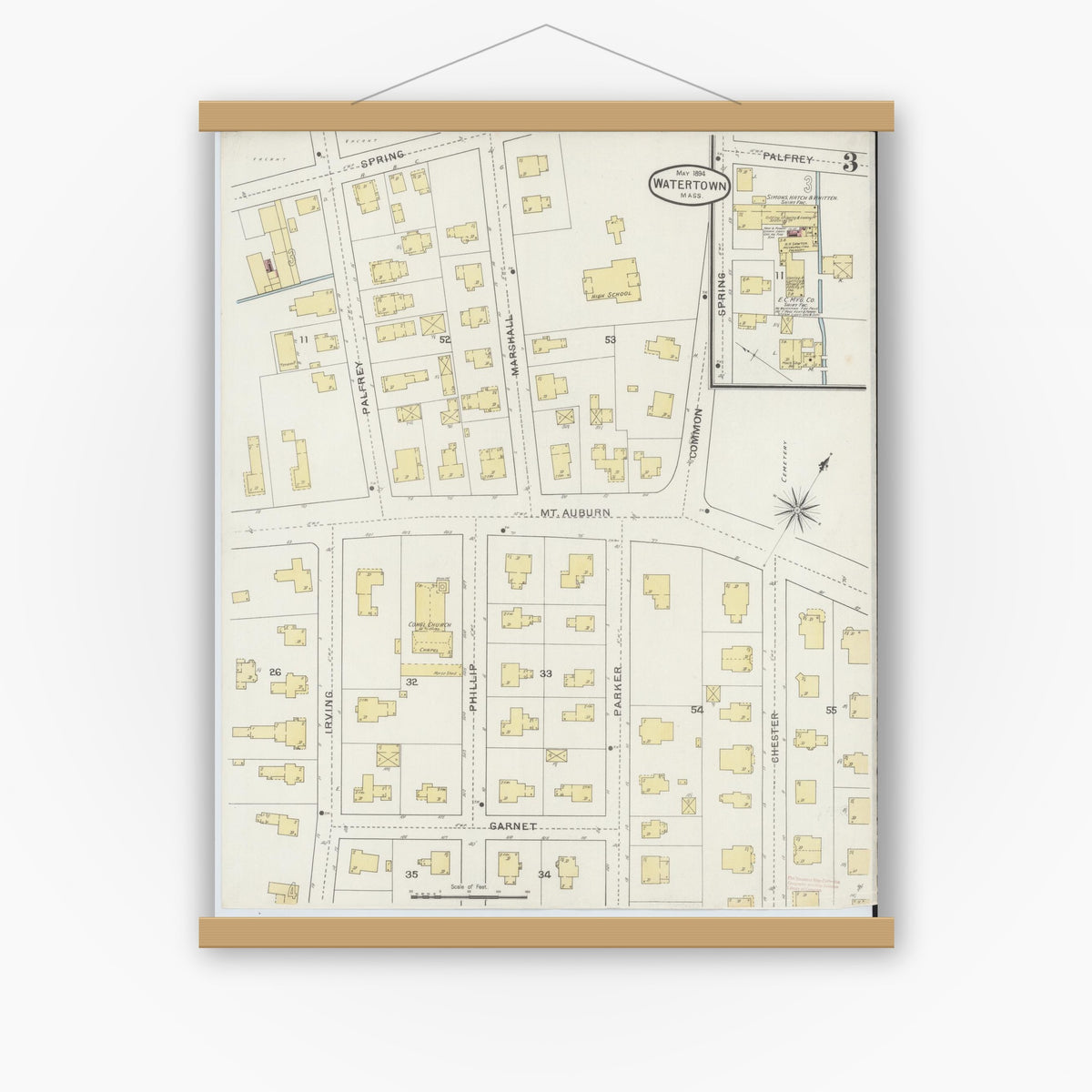 Old map wall art mockup — magnetic wood frame on white wall — Sanborn Fire Insurance Map from Watertown, Middlesex County, Massachusetts (1894), Sheet #0003