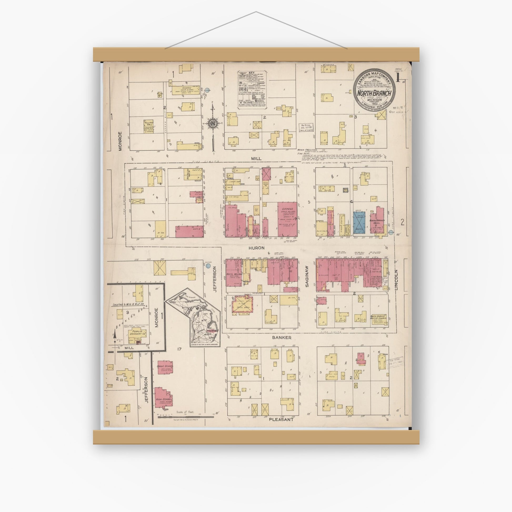 Old map wall art mockup — magnetic wood frame on white wall — Sanborn Fire Insurance Map from North Branch, Lapeer County, Michigan (1922) - Complete Map Set