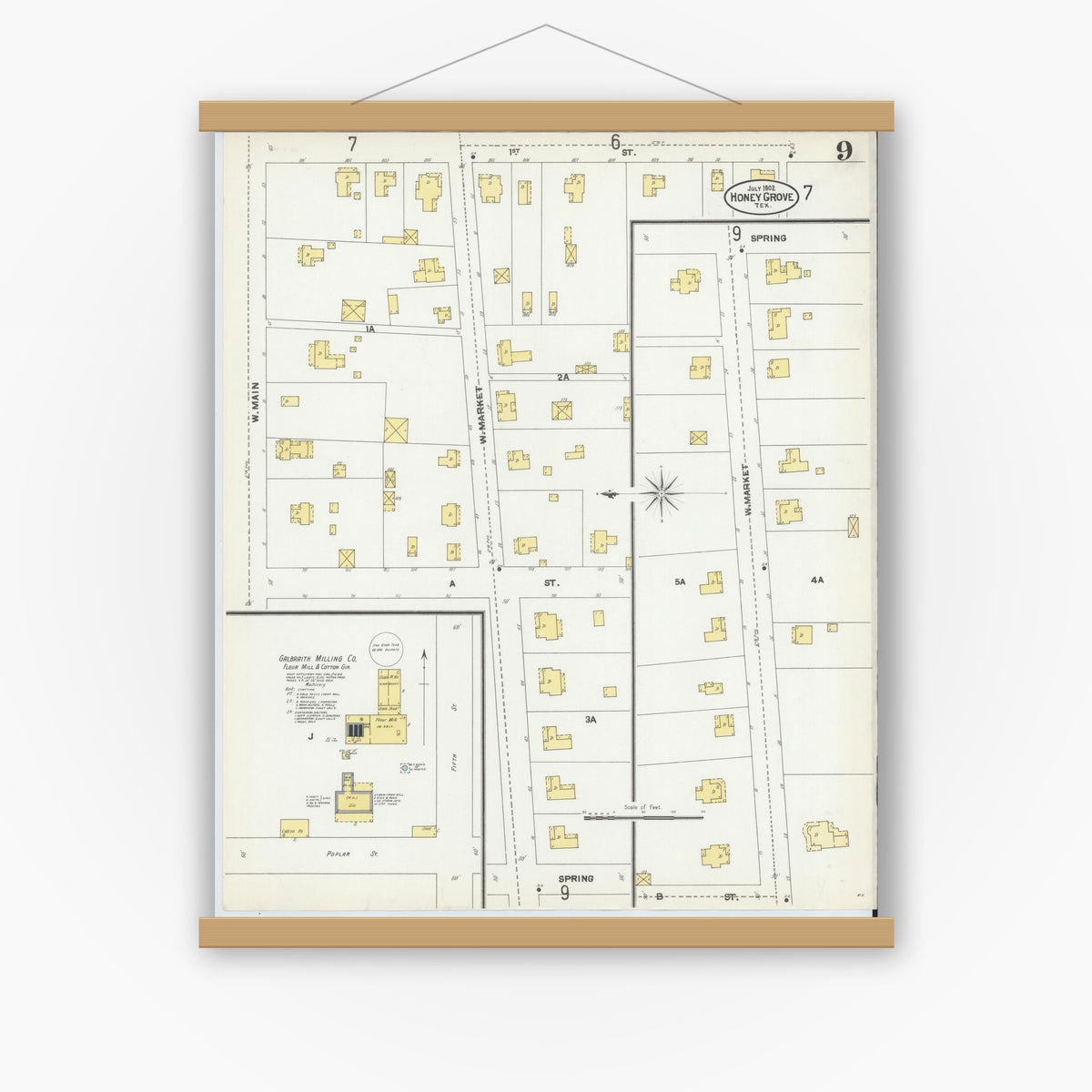 Old map wall art mockup — magnetic wood frame on white wall — Sanborn Fire Insurance Map from Honey Grove, Fannin County, Texas (1902), Sheet #0009