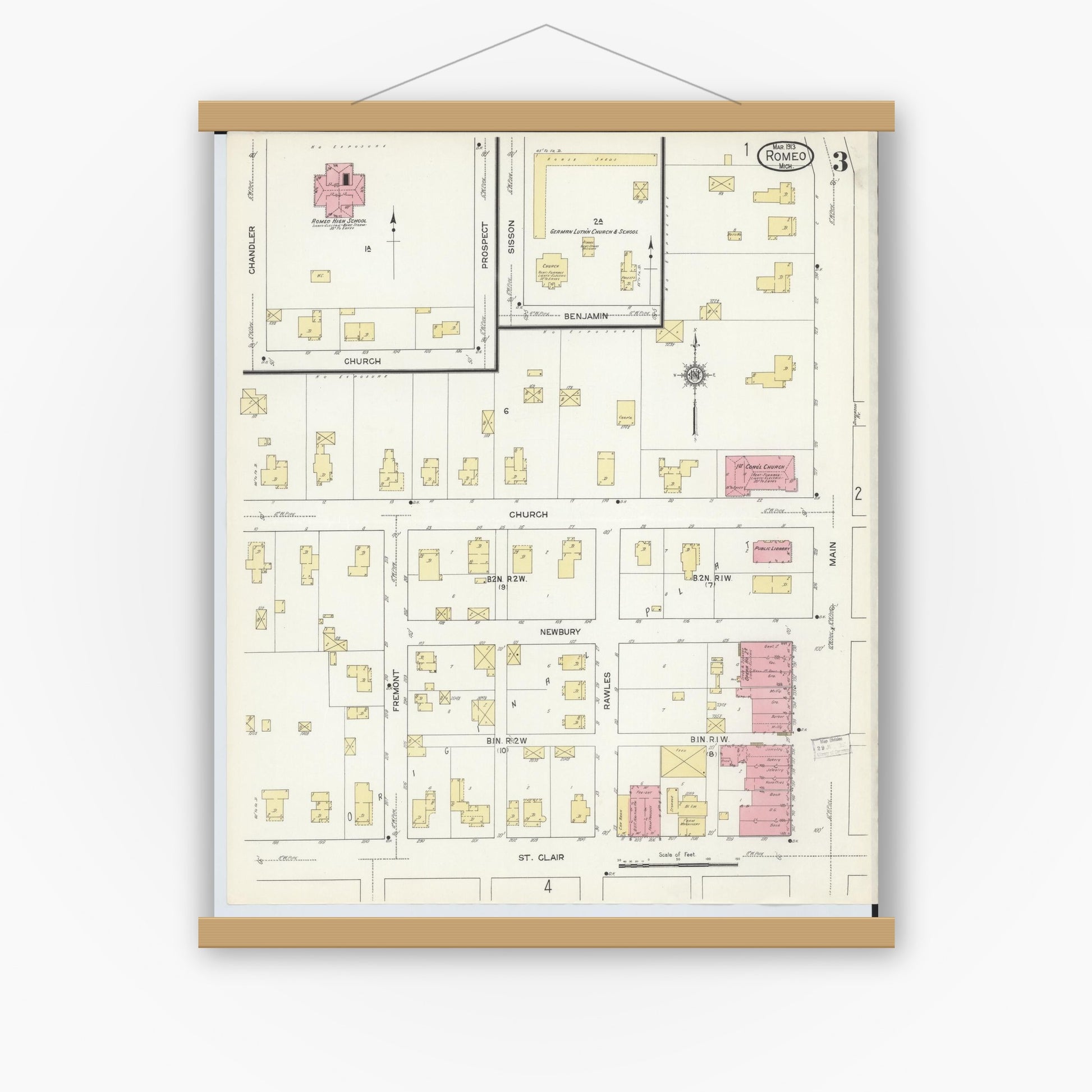 Old map wall art mockup — magnetic wood frame on white wall — Sanborn Fire Insurance Map from Romeo, Macomb County, Michigan (1913), Sheet #0003