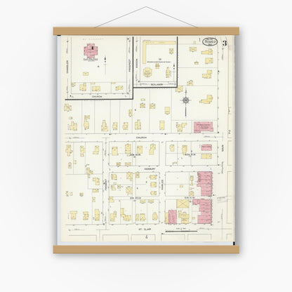 Old map wall art mockup — magnetic wood frame on white wall — Sanborn Fire Insurance Map from Romeo, Macomb County, Michigan (1913), Sheet #0003