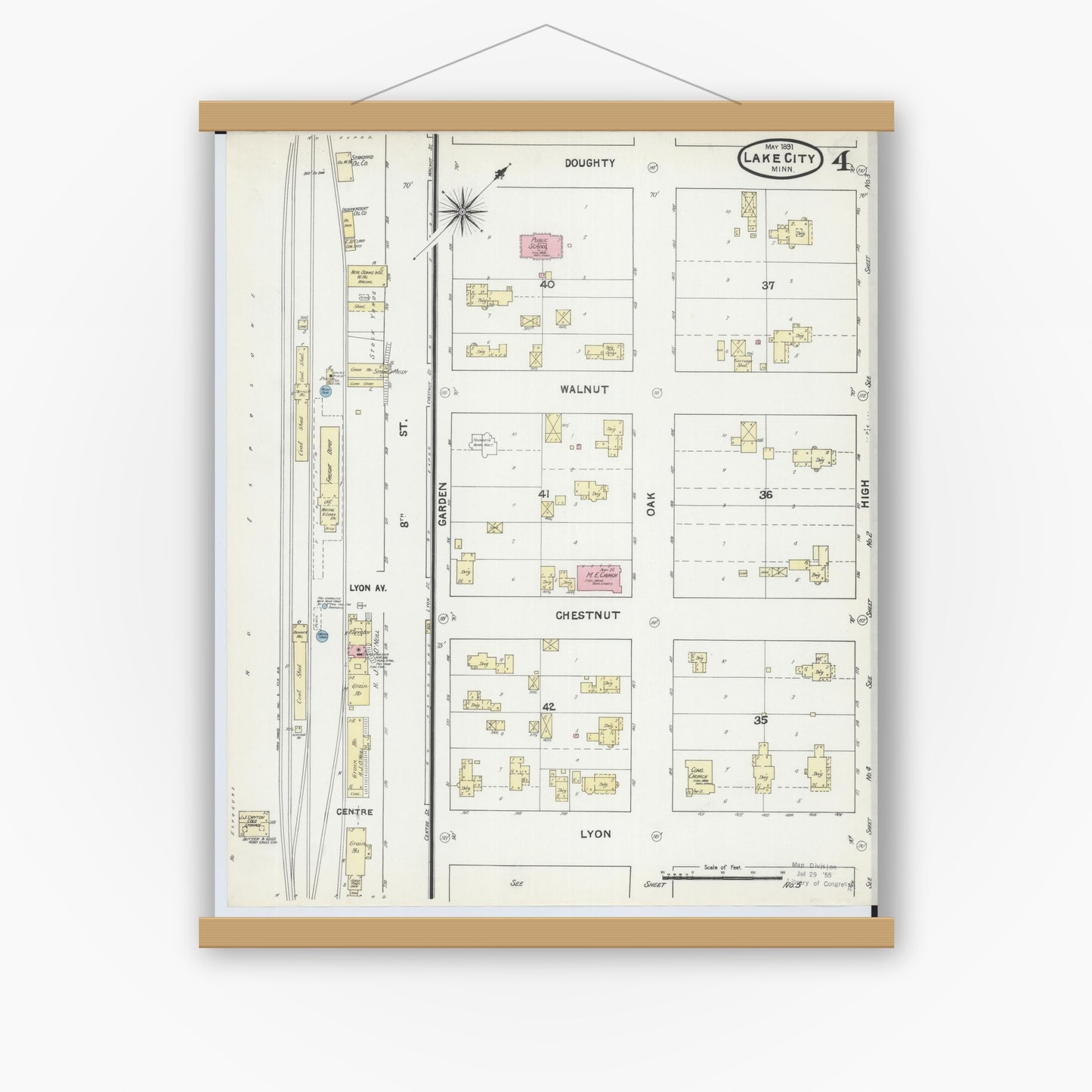 Old map wall art mockup — magnetic wood frame on white wall — Sanborn Fire Insurance Map from Lake City, Wabasha County, Minnesota (1891), Sheet #0004