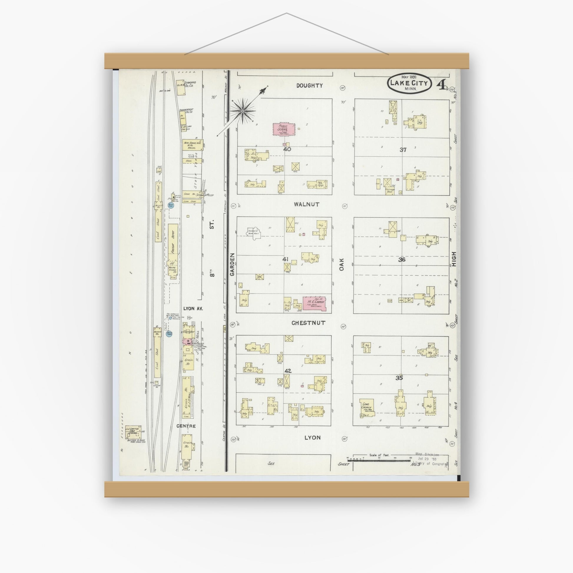 Old map wall art mockup — magnetic wood frame on white wall — Sanborn Fire Insurance Map from Lake City, Wabasha County, Minnesota (1891), Sheet #0004