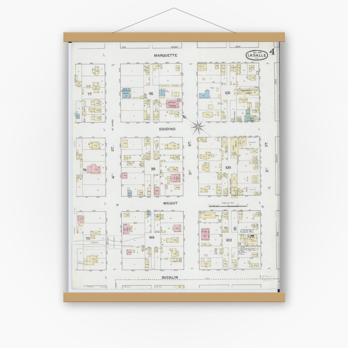 Old map wall art mockup — magnetic wood frame on white wall — Sanborn Fire Insurance Map from La Salle, La Salle County, Illinois (1888), Sheet #0004