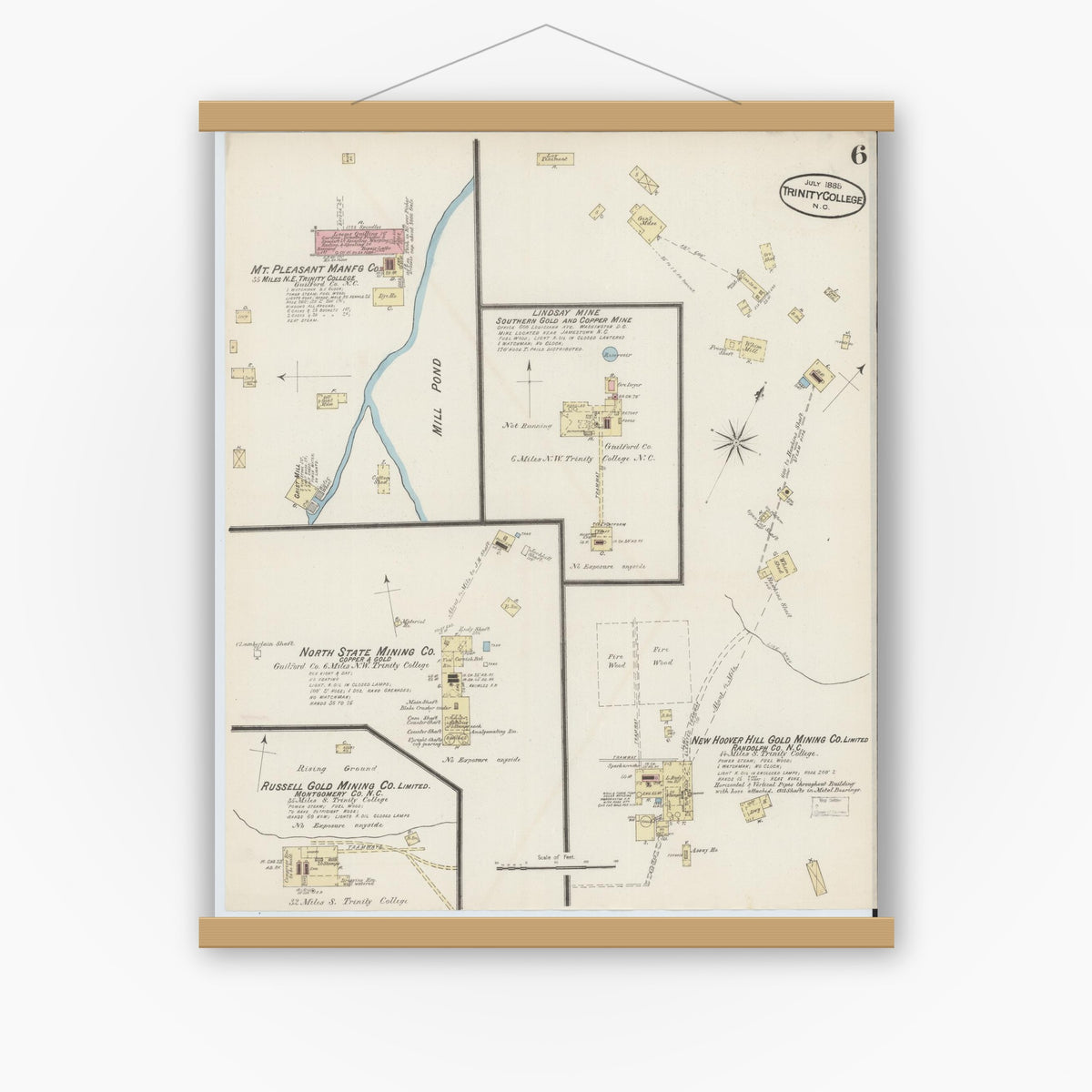 Old map wall art mockup — magnetic wood frame on white wall — Sanborn Fire Insurance Map from Trinity College, Randolph County, North Carolina (1885), Sheet #0006