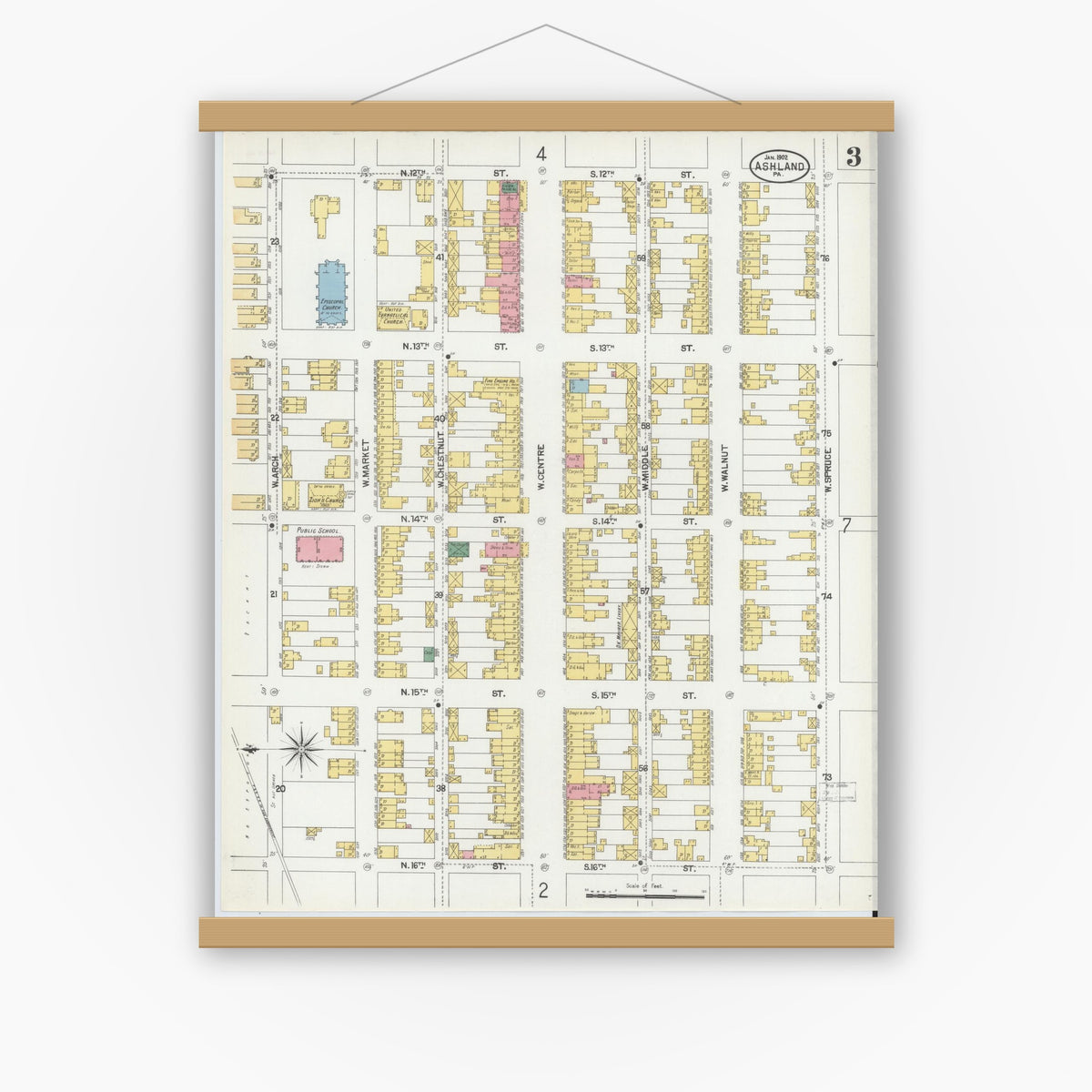 Old map wall art mockup — magnetic wood frame on white wall — Sanborn Fire Insurance Map from Ashland, Schuylkill County, Pennsylvania (1902), Sheet #0003