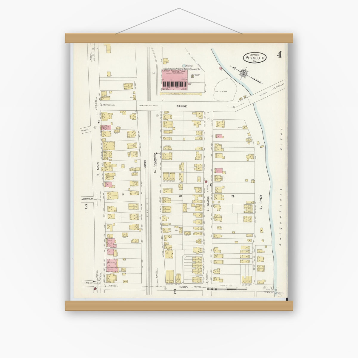 Old map wall art mockup — magnetic wood frame on white wall — Sanborn Fire Insurance Map from Plymouth, Luzerne County, Pennsylvania (1912), Sheet #0004
