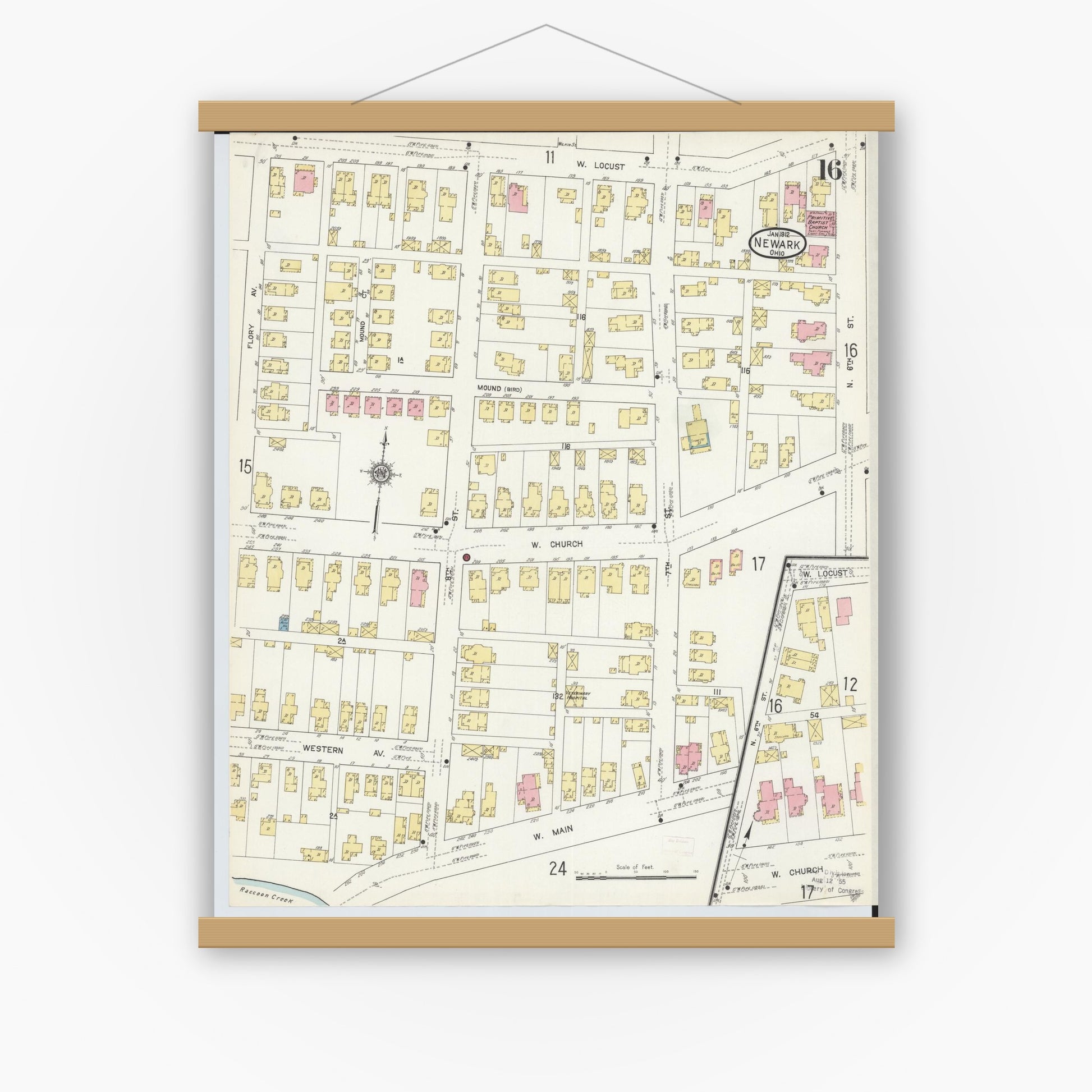 Old map wall art mockup — magnetic wood frame on white wall — Sanborn Fire Insurance Map from Newark, Licking County, Ohio (1912), Sheet #0016