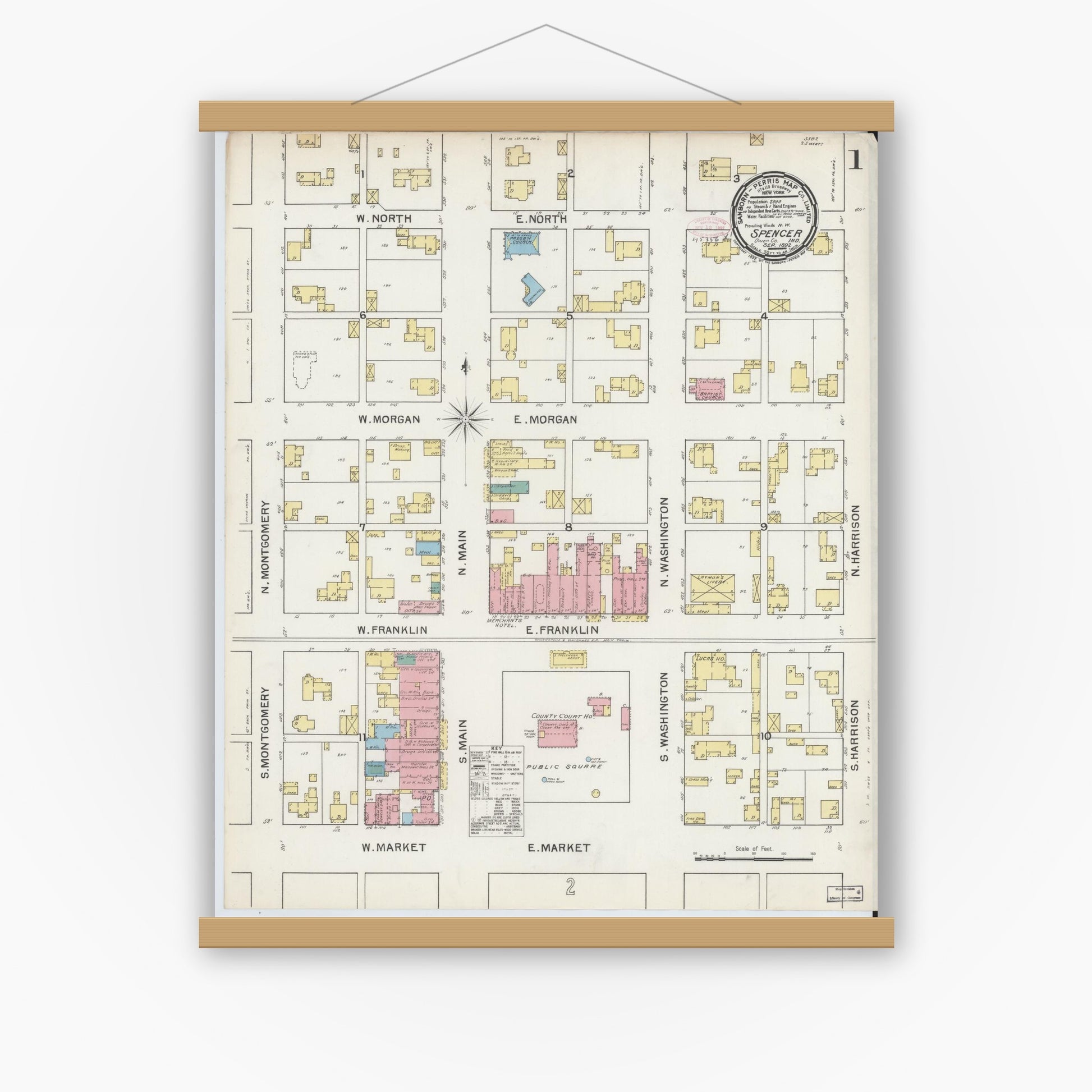 Old map wall art mockup — magnetic wood frame on white wall — Sanborn Fire Insurance Map from Spencer, Owen County, Indiana (1892), Sheet #0001