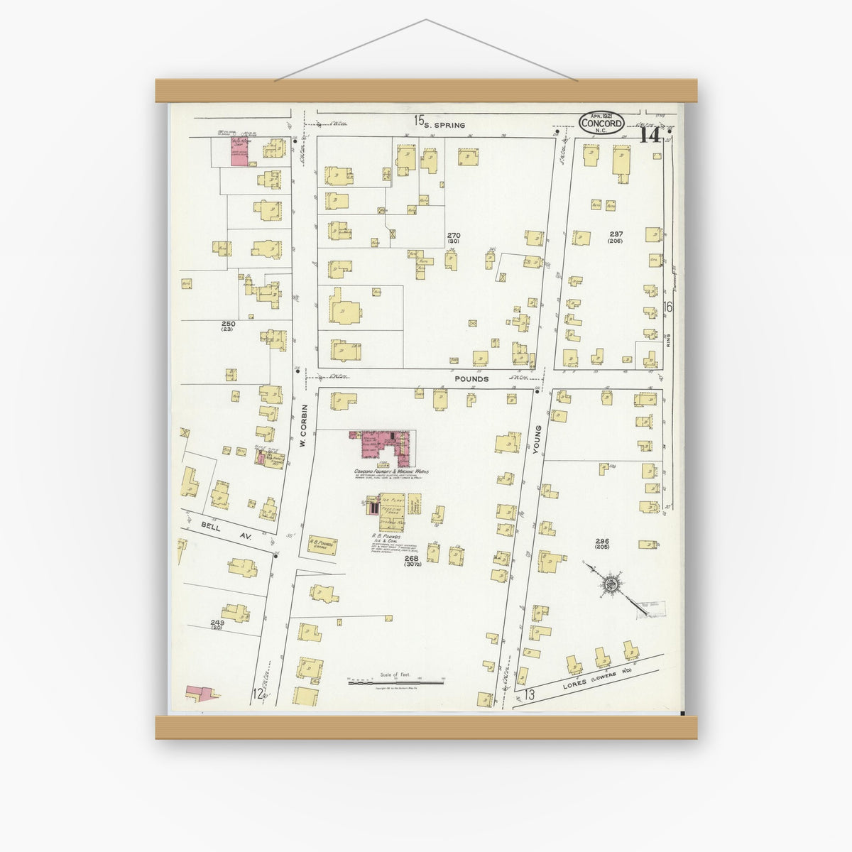 Old map wall art mockup — magnetic wood frame on white wall — Sanborn Fire Insurance Map from Concord, Cabarrus County, North Carolina (1921), Sheet #0014