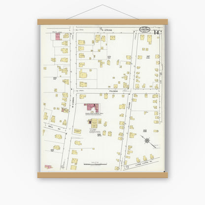 Old map wall art mockup — magnetic wood frame on white wall — Sanborn Fire Insurance Map from Concord, Cabarrus County, North Carolina (1921), Sheet #0014