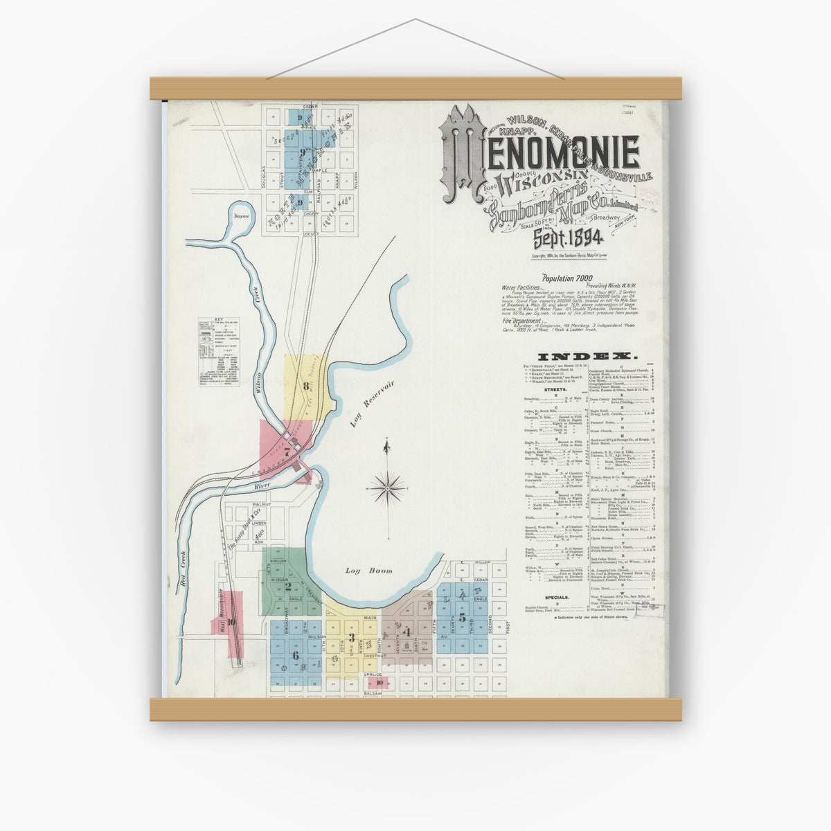 Old map wall art mockup — magnetic wood frame on white wall — Sanborn Fire Insurance Map from Menomonie, Dunn County, Wisconsin (1894) - Complete Map Set
