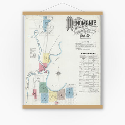 Old map wall art mockup — magnetic wood frame on white wall — Sanborn Fire Insurance Map from Menomonie, Dunn County, Wisconsin (1894) - Complete Map Set