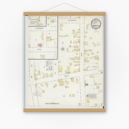 Old map wall art mockup — magnetic wood frame on white wall — Sanborn Fire Insurance Map from Harrisville, Alcona County, Michigan (1893), Sheet #0001