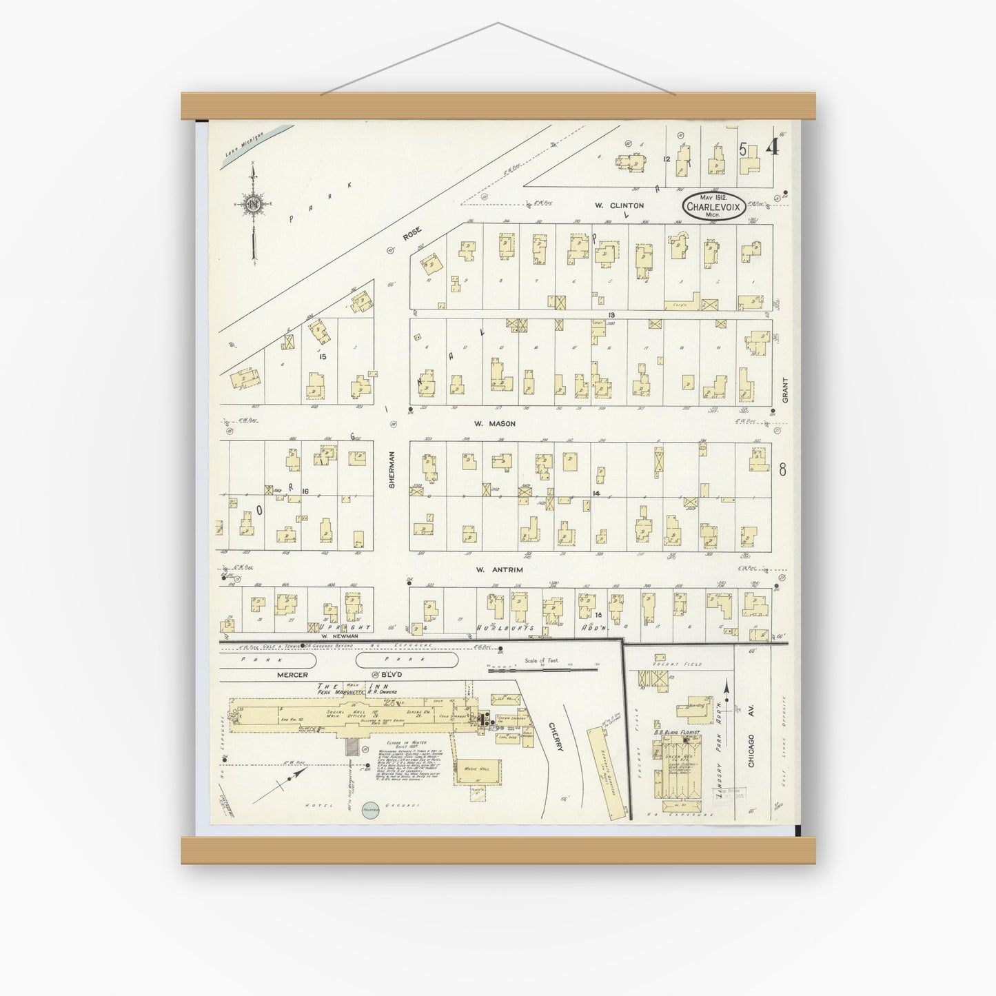 Old map wall art mockup — magnetic wood frame on white wall — Sanborn Fire Insurance Map from Charlevoix, Charlevoix County, Michigan (1912), Sheet #0004