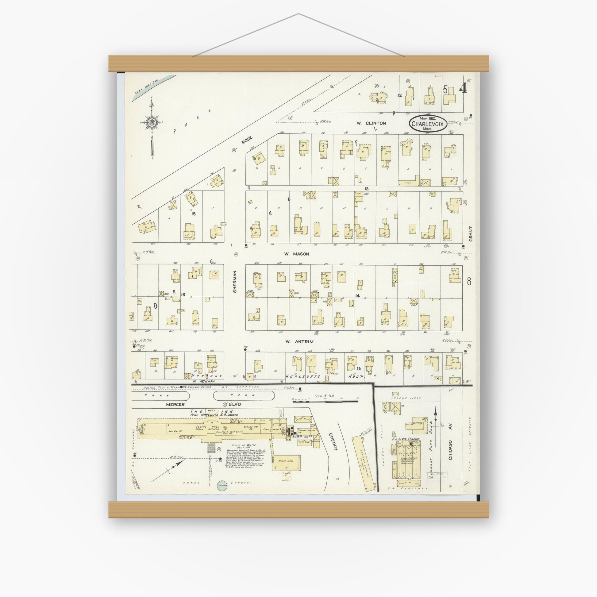 Old map wall art mockup — magnetic wood frame on white wall — Sanborn Fire Insurance Map from Charlevoix, Charlevoix County, Michigan (1912), Sheet #0004