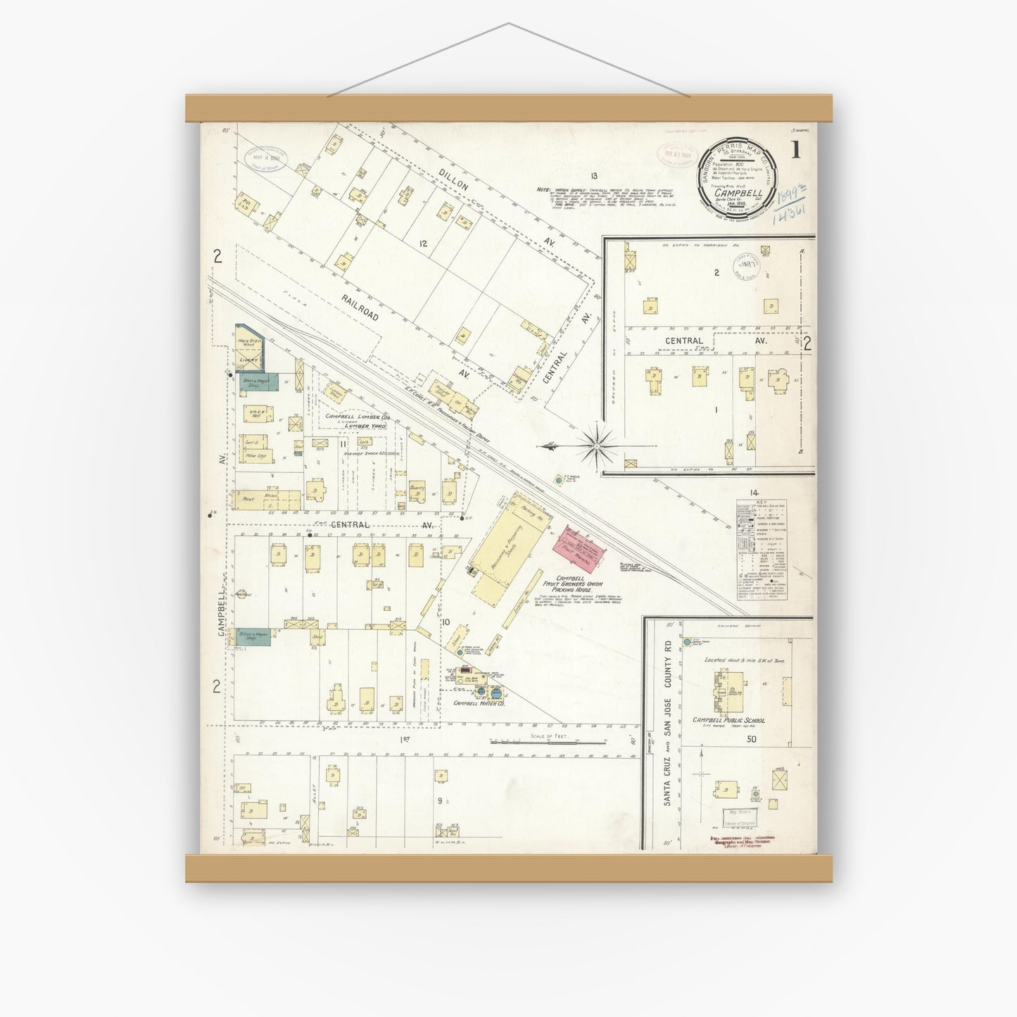 Old map wall art mockup — magnetic wood frame on white wall — Sanborn Fire Insurance Map from Campbell, Santa Clara County, California (1899) - Complete Map Set