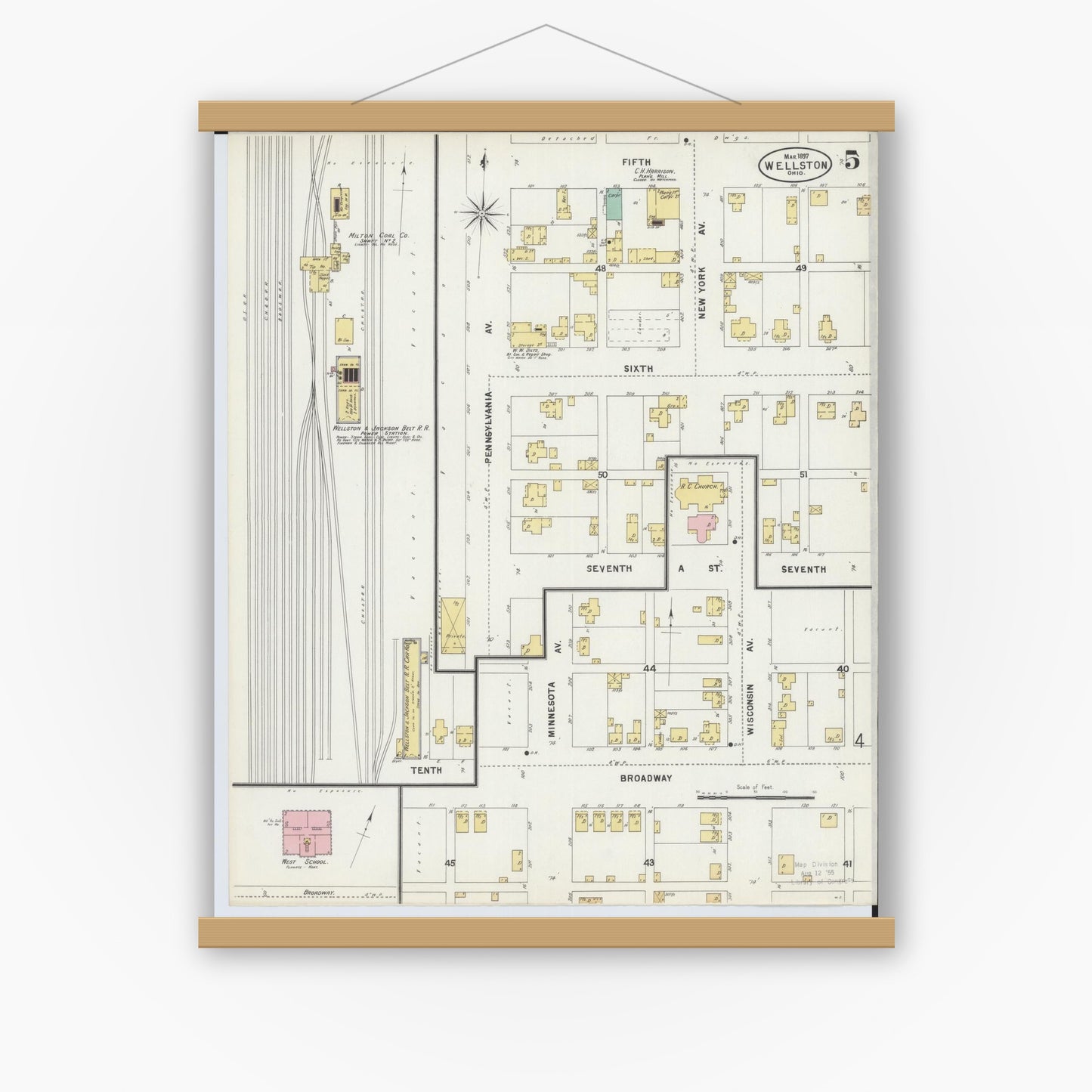 Old map wall art mockup — magnetic wood frame on white wall — Sanborn Fire Insurance Map from Wellston, Jackson County, Ohio (1897), Sheet #0005