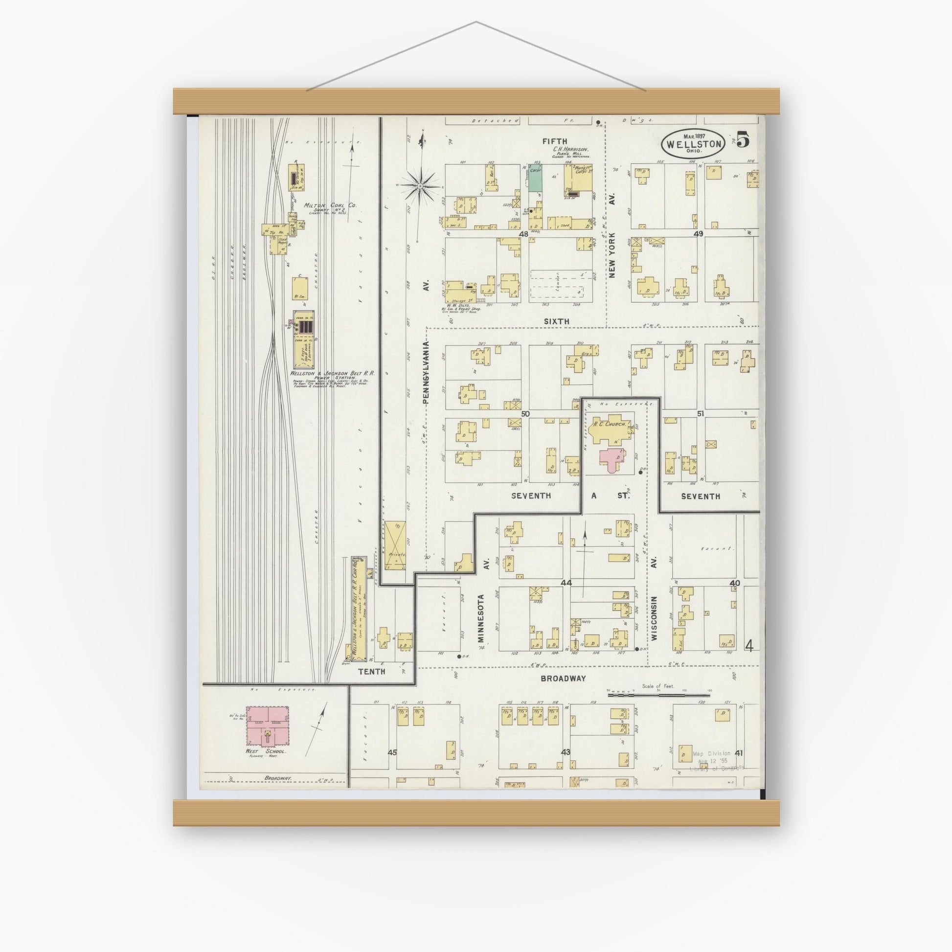 Old map wall art mockup — magnetic wood frame on white wall — Sanborn Fire Insurance Map from Wellston, Jackson County, Ohio (1897), Sheet #0005