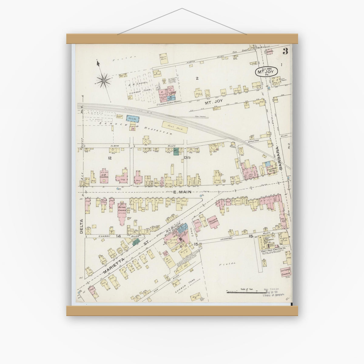 Old map wall art mockup — magnetic wood frame on white wall — Sanborn Fire Insurance Map from Mount Joy, Lancaster County, Pennsylvania (1886), Sheet #0003