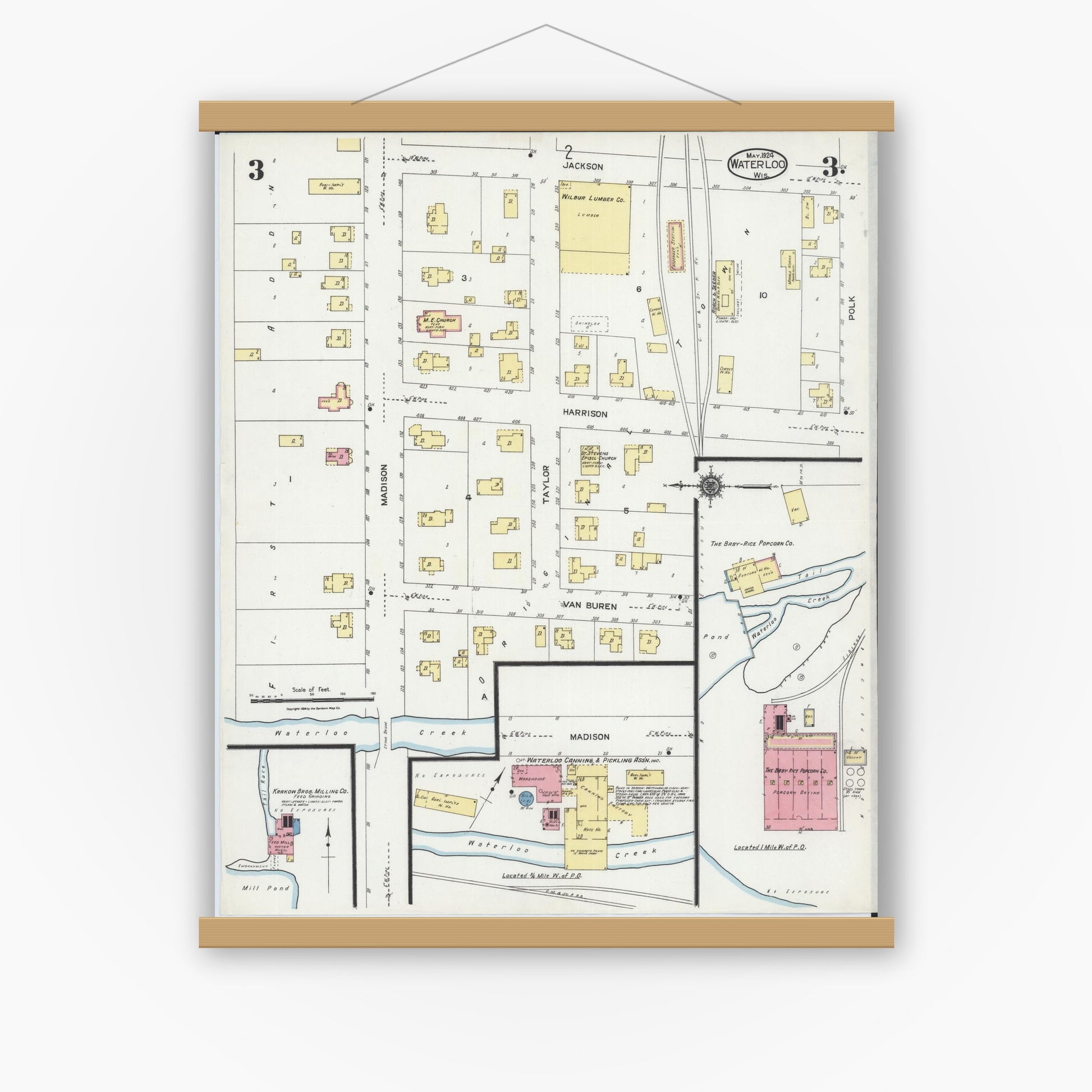 Old map wall art mockup — magnetic wood frame on white wall — Sanborn Fire Insurance Map from Waterloo, Jefferson County, Wisconsin (1924), Sheet #0003