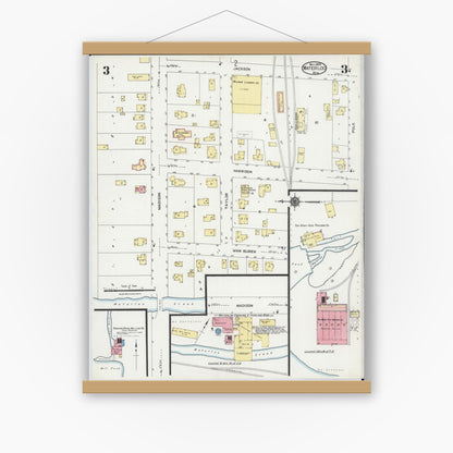 Old map wall art mockup — magnetic wood frame on white wall — Sanborn Fire Insurance Map from Waterloo, Jefferson County, Wisconsin (1924), Sheet #0003
