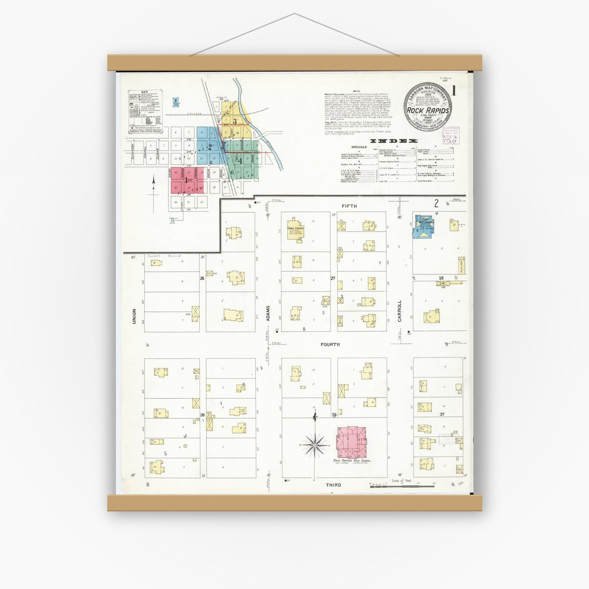 Old map wall art mockup — magnetic wood frame on white wall — Sanborn Fire Insurance Map from Rock Rapids, Lyon County, Iowa (1907) â€” Complete Set