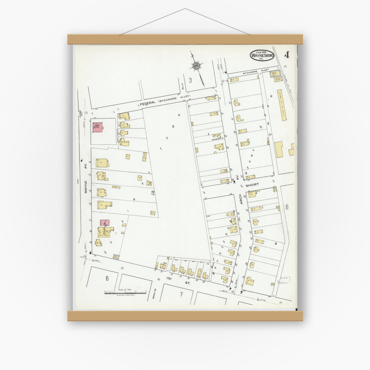 Old map wall art mockup — magnetic wood frame on white wall — Sanborn Fire Insurance Map from Waynesboro, Independent Cities, Virginia (1920), Sheet #0004