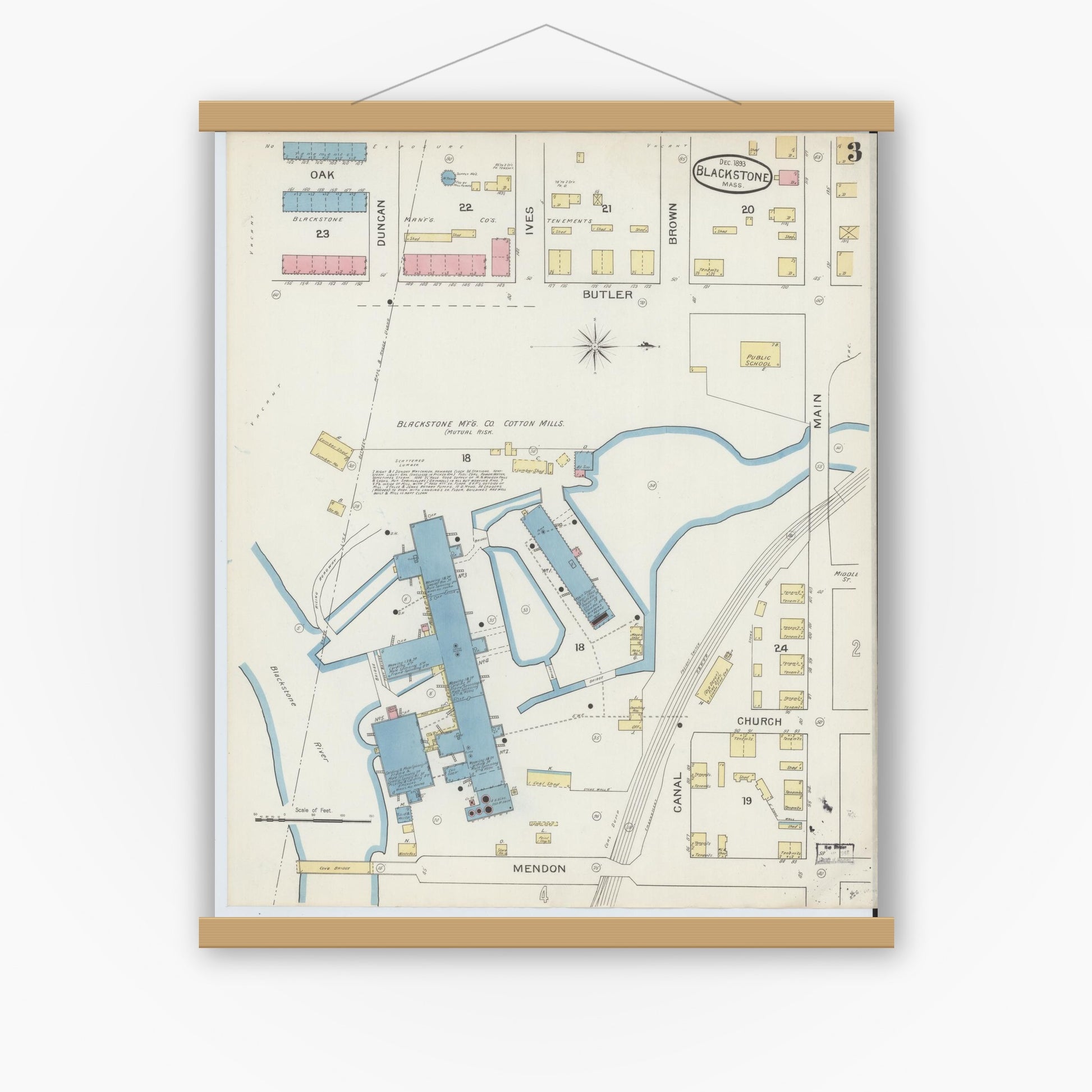 Old map wall art mockup — magnetic wood frame on white wall — Sanborn Fire Insurance Map from Blackstone, Worcester County, Massachusetts (1893), Sheet #0003