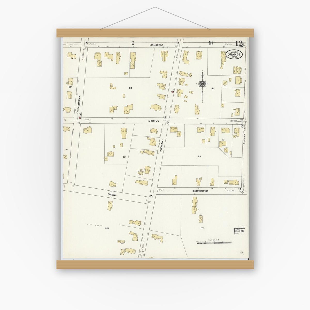 Old map wall art mockup — magnetic wood frame on white wall — Sanborn Fire Insurance Map from Orange, Franklin County, Massachusetts (1911), Sheet #0012