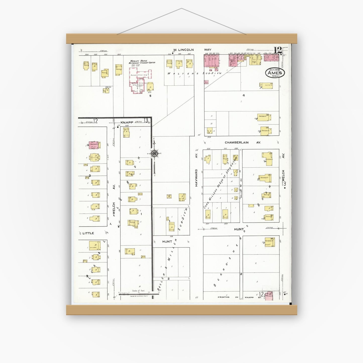 Old map wall art mockup — magnetic wood frame on white wall — Sanborn Fire Insurance Map from Ames, Story County, Iowa (1920), Sheet #0012