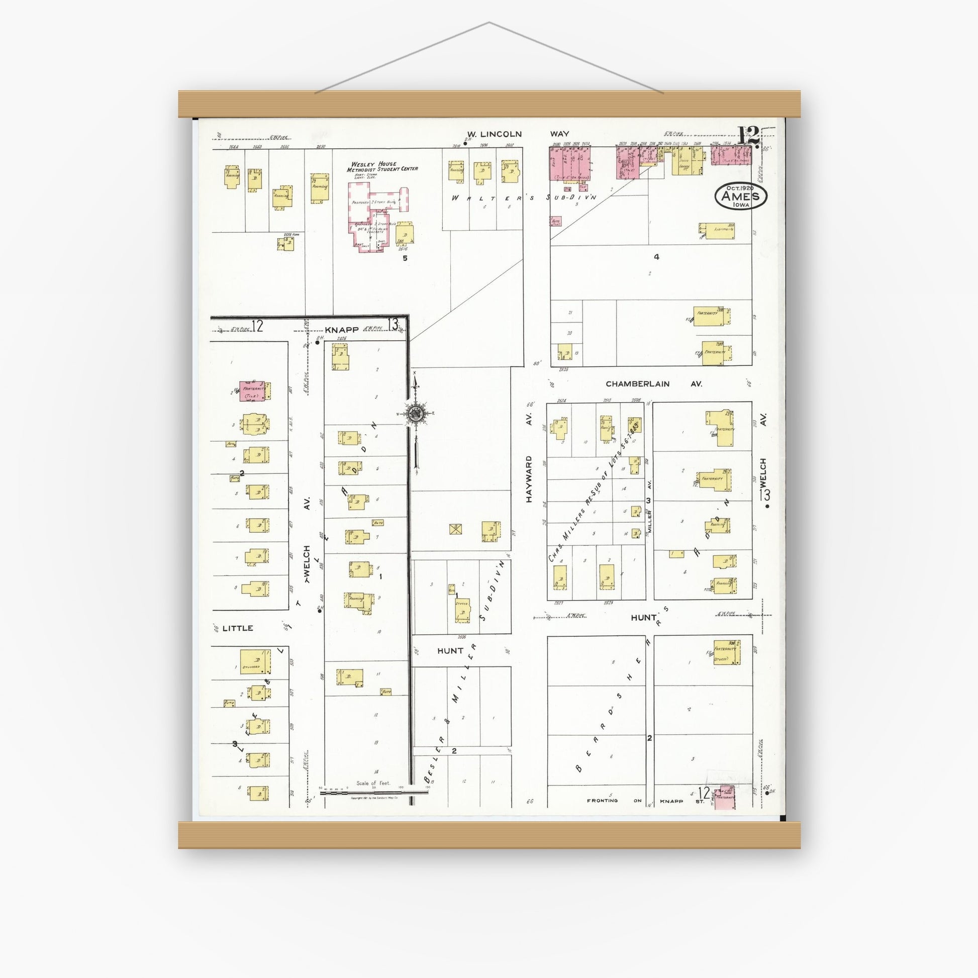Old map wall art mockup — magnetic wood frame on white wall — Sanborn Fire Insurance Map from Ames, Story County, Iowa (1920), Sheet #0012