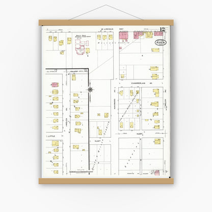 Old map wall art mockup — magnetic wood frame on white wall — Sanborn Fire Insurance Map from Ames, Story County, Iowa (1920), Sheet #0012