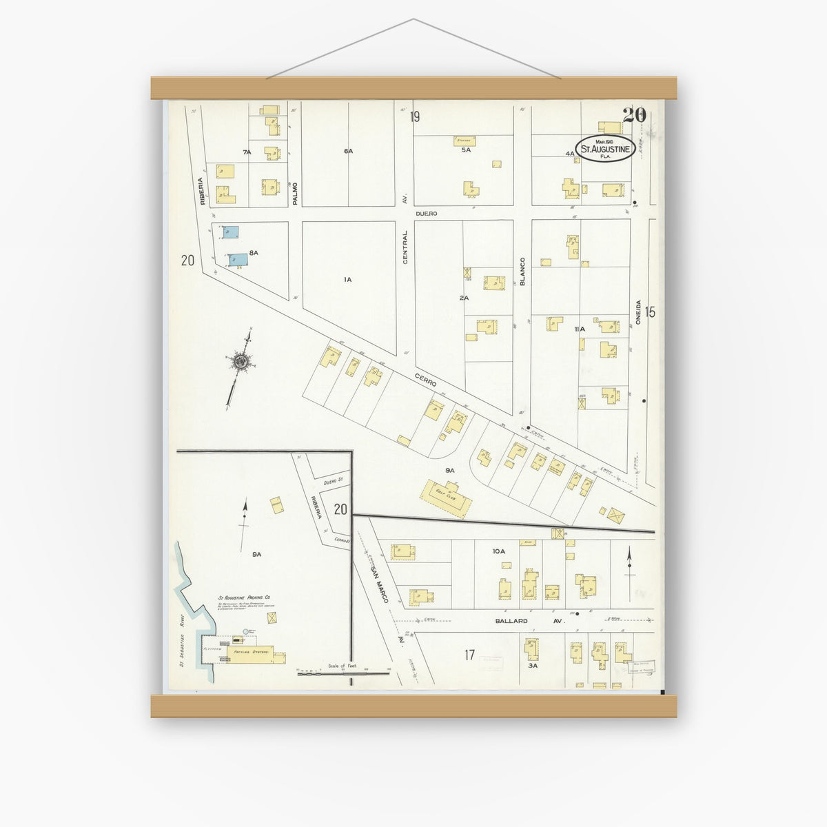 Old map wall art mockup — magnetic wood frame on white wall — Sanborn Fire Insurance Map from Saint Augustine, Saint John's County, Florida (1910), Sheet #0020