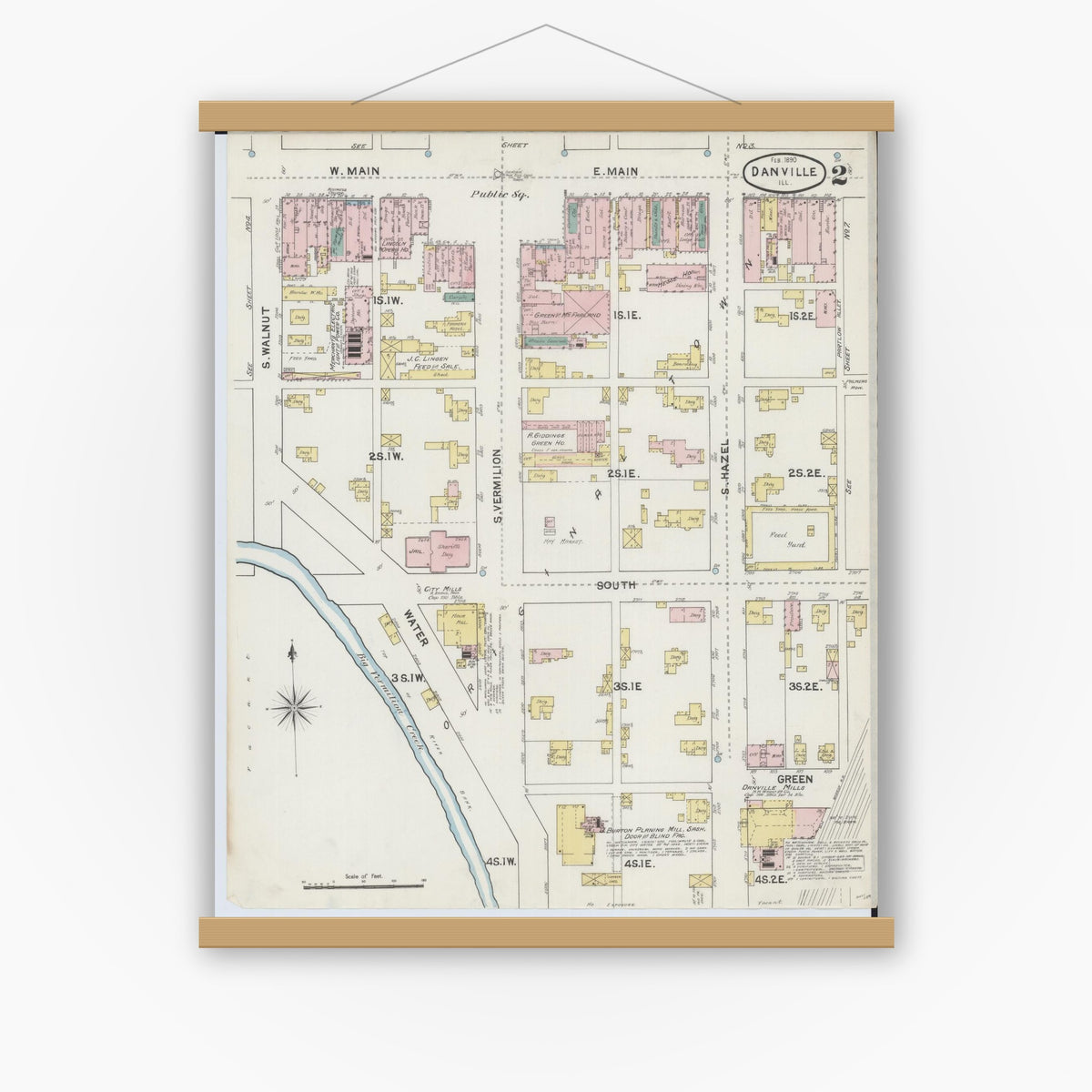 Old map wall art mockup — magnetic wood frame on white wall — Sanborn Fire Insurance Map from Danville, Vermilion County, Illinois (1890), Sheet #0002