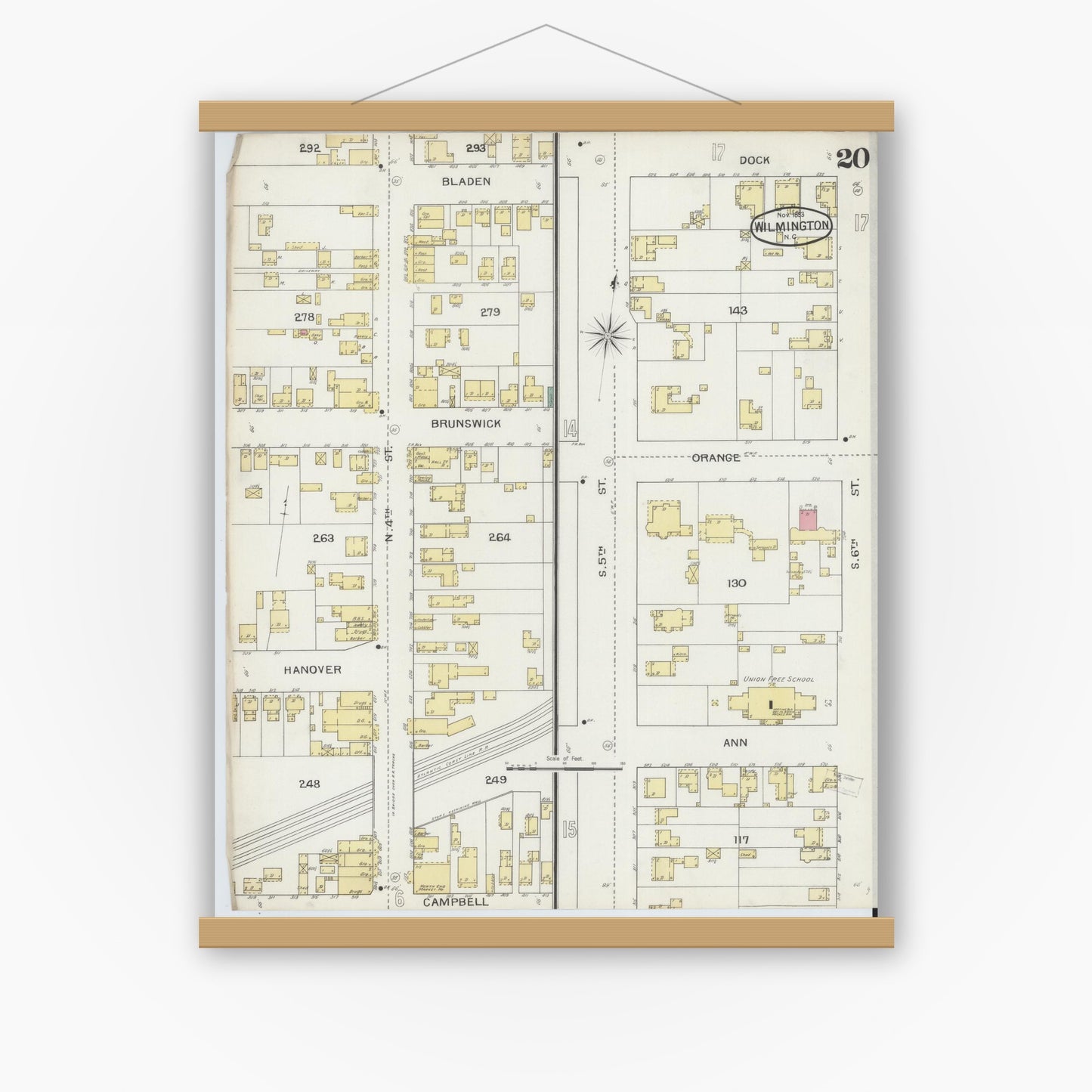 Old map wall art mockup — magnetic wood frame on white wall — Sanborn Fire Insurance Map from Wilmington, New Hanover County, North Carolina (1893), Sheet #0020