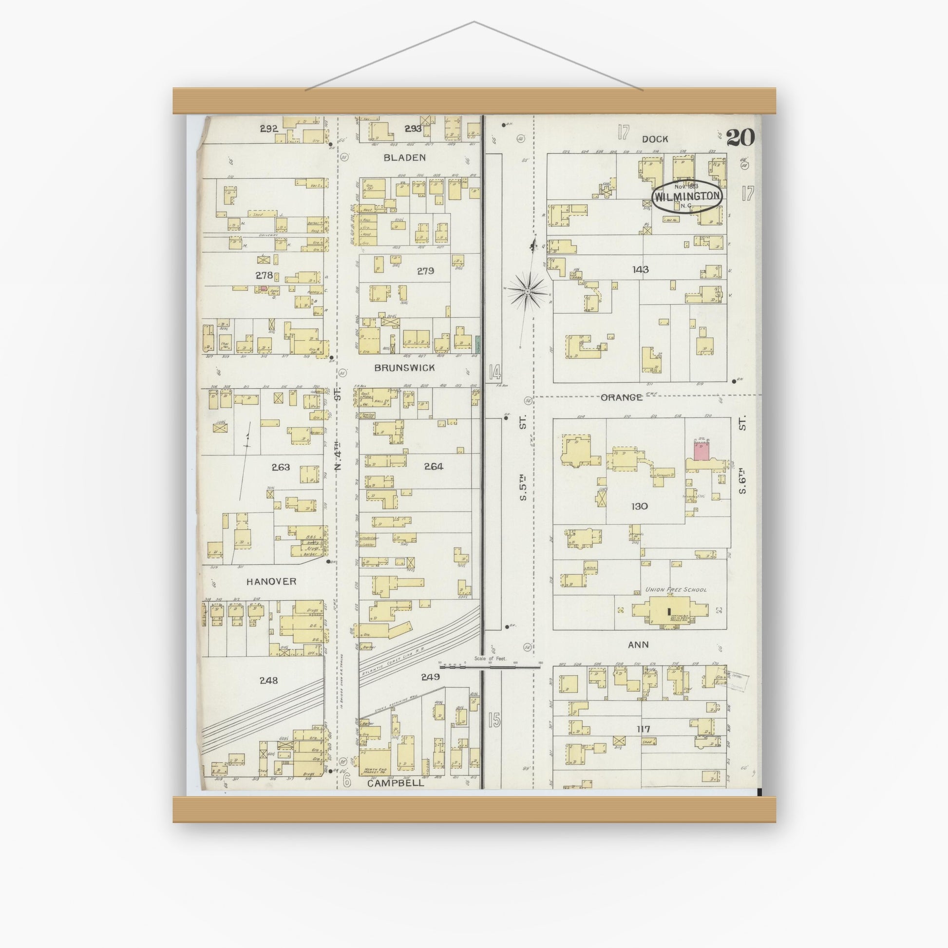 Old map wall art mockup — magnetic wood frame on white wall — Sanborn Fire Insurance Map from Wilmington, New Hanover County, North Carolina (1893), Sheet #0020