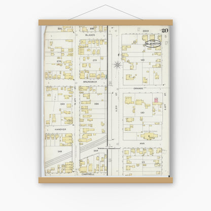 Old map wall art mockup — magnetic wood frame on white wall — Sanborn Fire Insurance Map from Wilmington, New Hanover County, North Carolina (1893), Sheet #0020