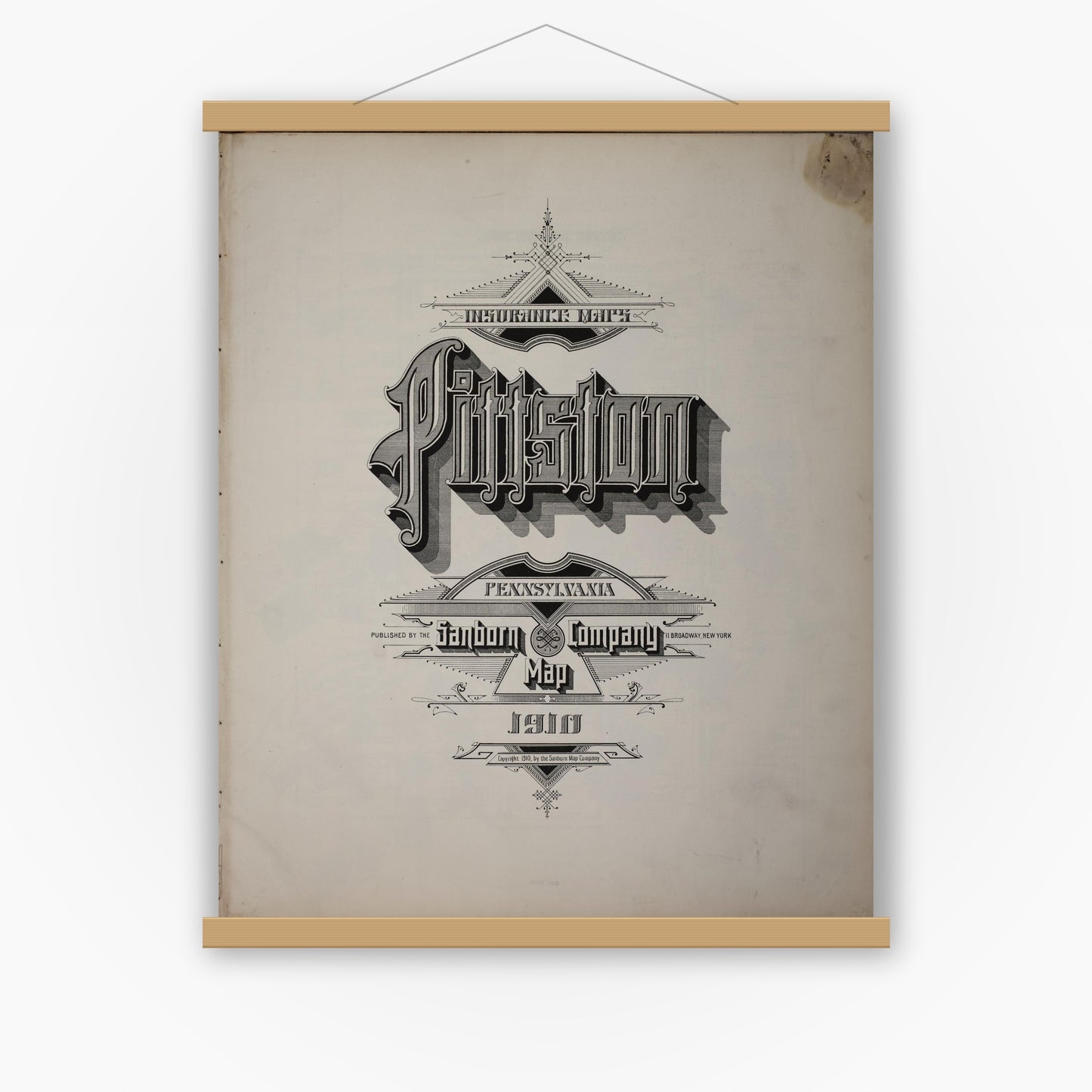 Old map wall art mockup — magnetic wood frame on white wall — Sanborn Fire Insurance Map from Pittston, Luzerne County, Pennsylvania (1910), Sheet #0001