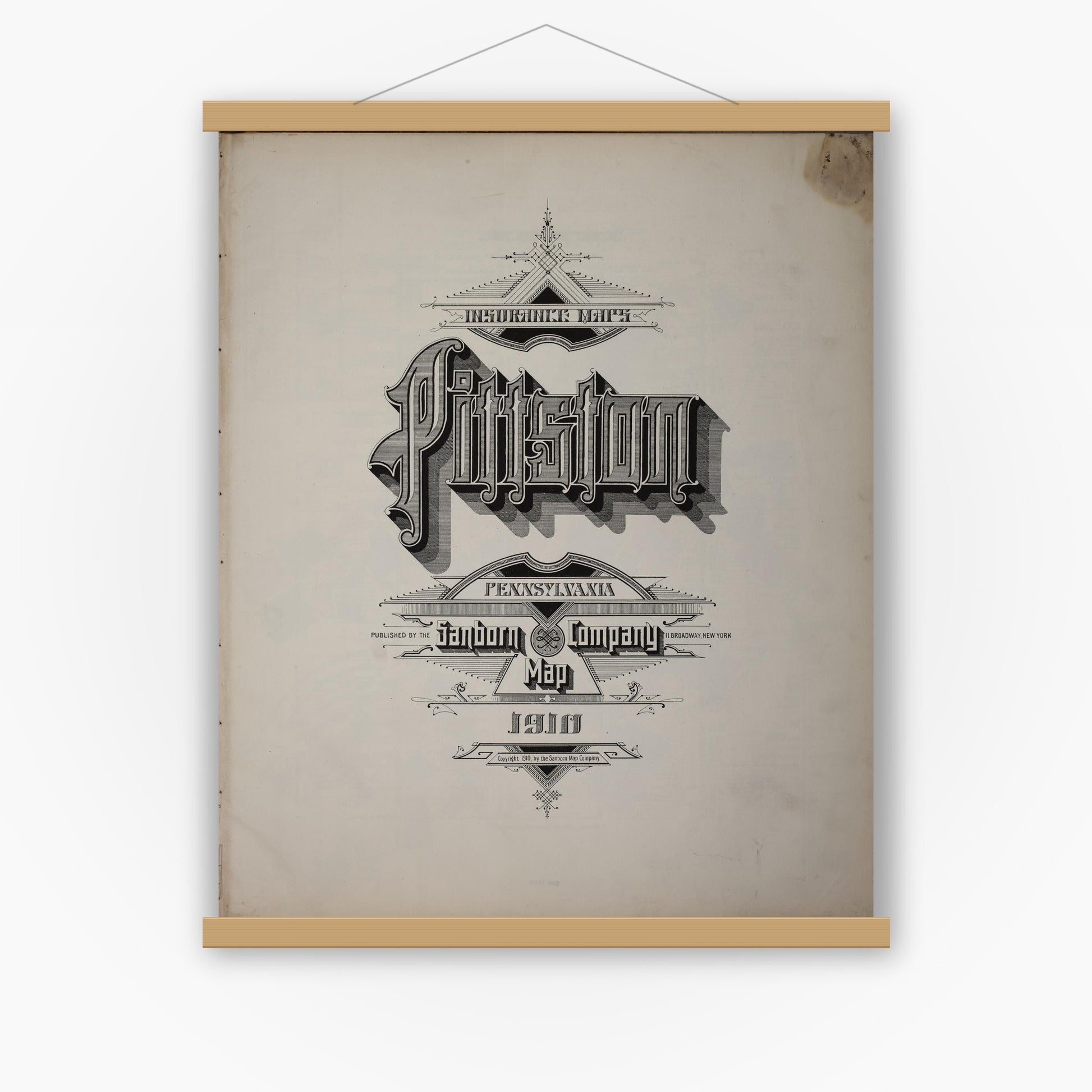 Old map wall art mockup — magnetic wood frame on white wall — Sanborn Fire Insurance Map from Pittston, Luzerne County, Pennsylvania (1910), Sheet #0001