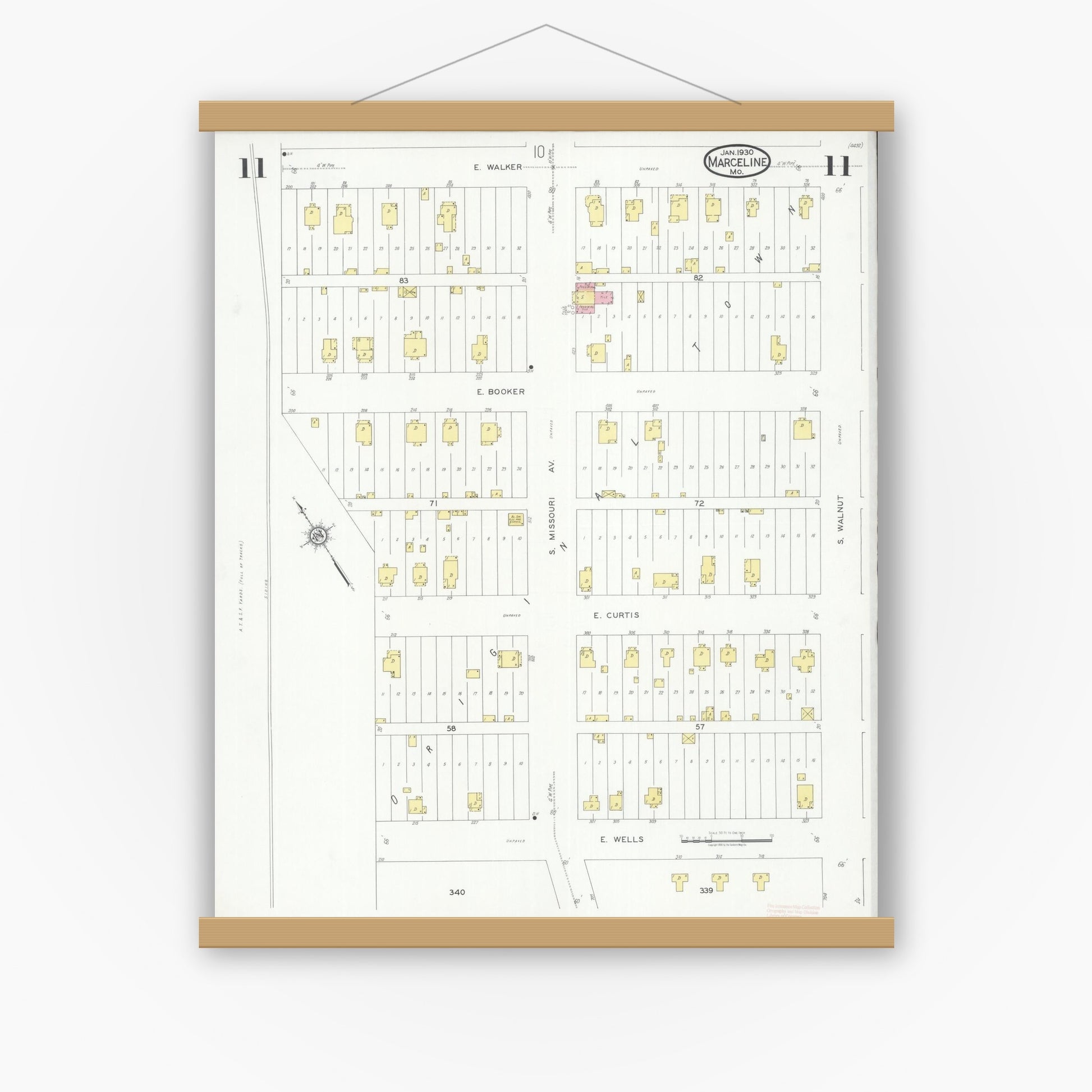 Old map wall art mockup — magnetic wood frame on white wall — Sanborn Fire Insurance Map from Marceline, Linn County, Missouri (1930), Sheet #0011