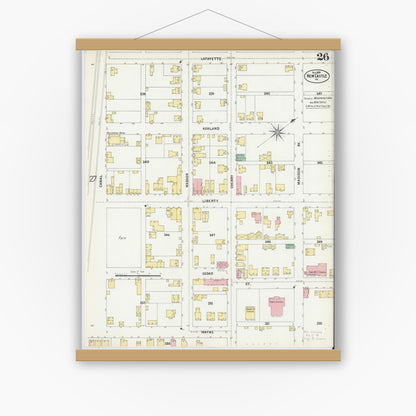 Old map wall art mockup — magnetic wood frame on white wall — Sanborn Fire Insurance Map from New Castle, Lawrence County, Pennsylvania (1899), Sheet #0026