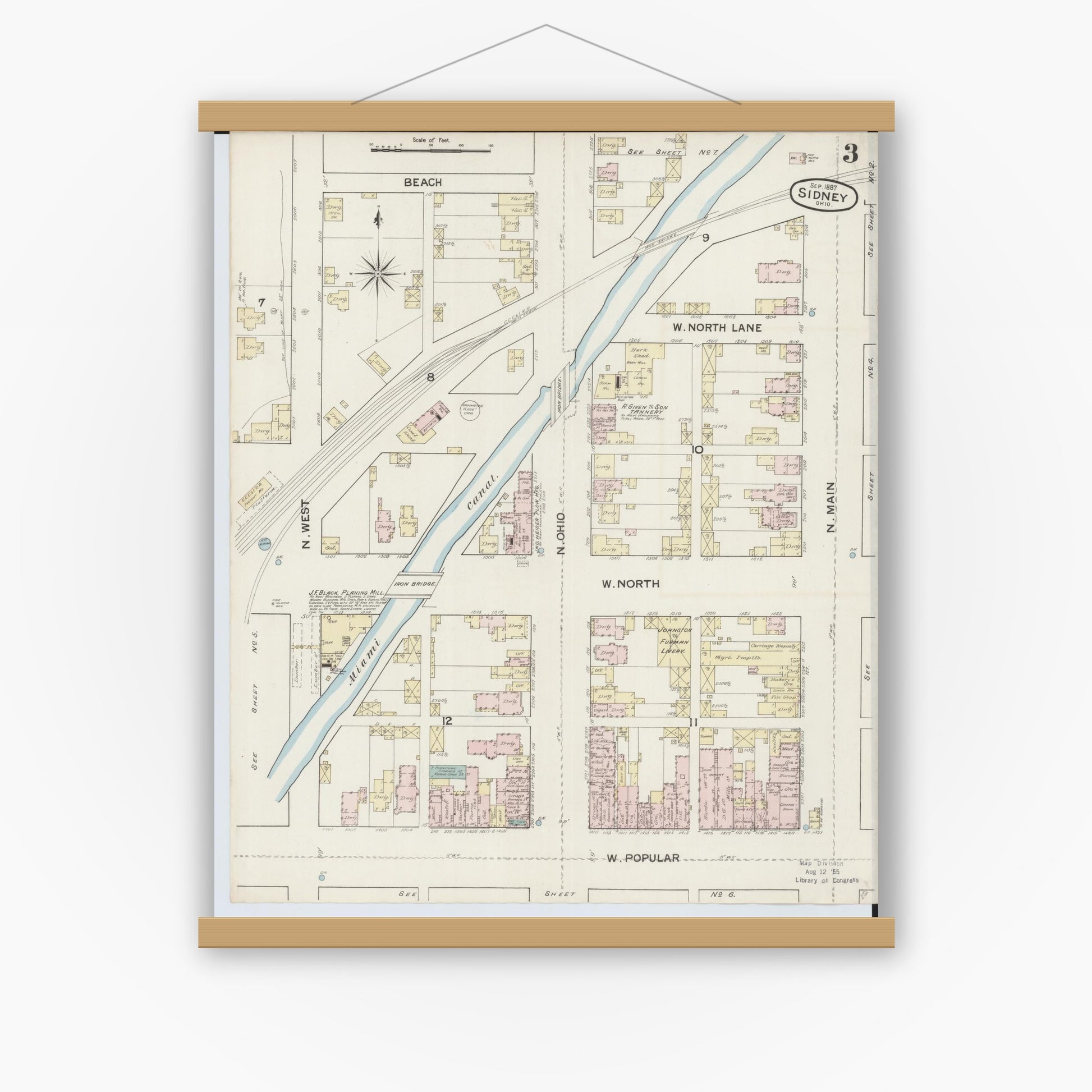 Old map wall art mockup — magnetic wood frame on white wall — Sanborn Fire Insurance Map from Sidney, Shelby County, Ohio (1887), Sheet #0003