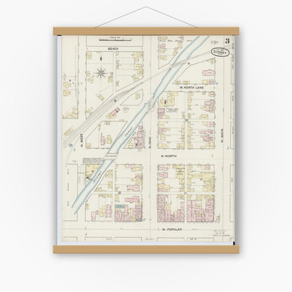 Old map wall art mockup — magnetic wood frame on white wall — Sanborn Fire Insurance Map from Sidney, Shelby County, Ohio (1887), Sheet #0003