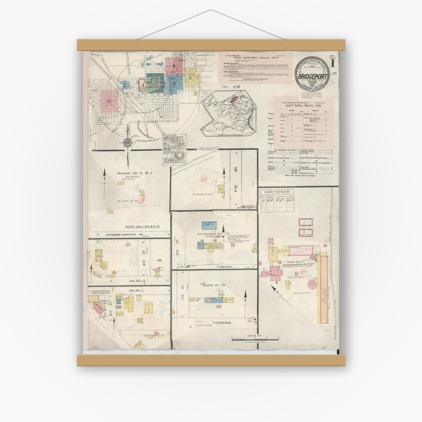 Old map wall art mockup — magnetic wood frame on white wall — Sanborn Fire Insurance Map from Bridgeport, Wise County, Texas (1944), Sheet #0001