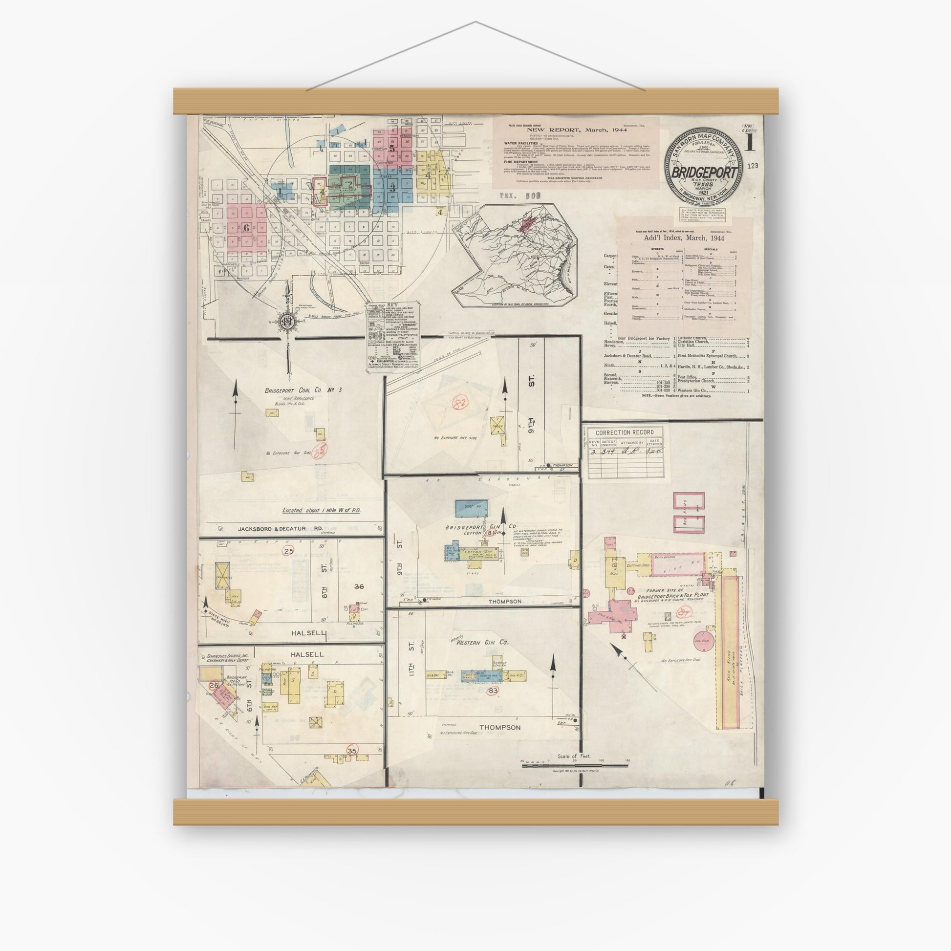 Old map wall art mockup — magnetic wood frame on white wall — Sanborn Fire Insurance Map from Bridgeport, Wise County, Texas (1944), Sheet #0001